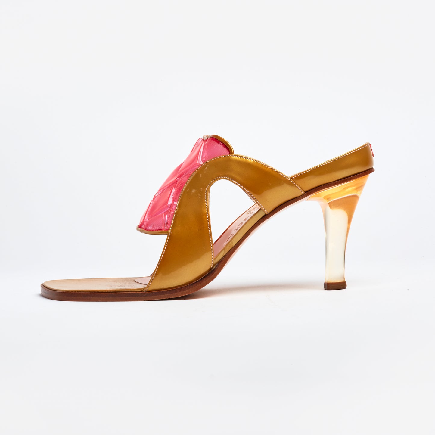 Vintage Chanel Pink Quilted & Gold patent Leather Mules 38