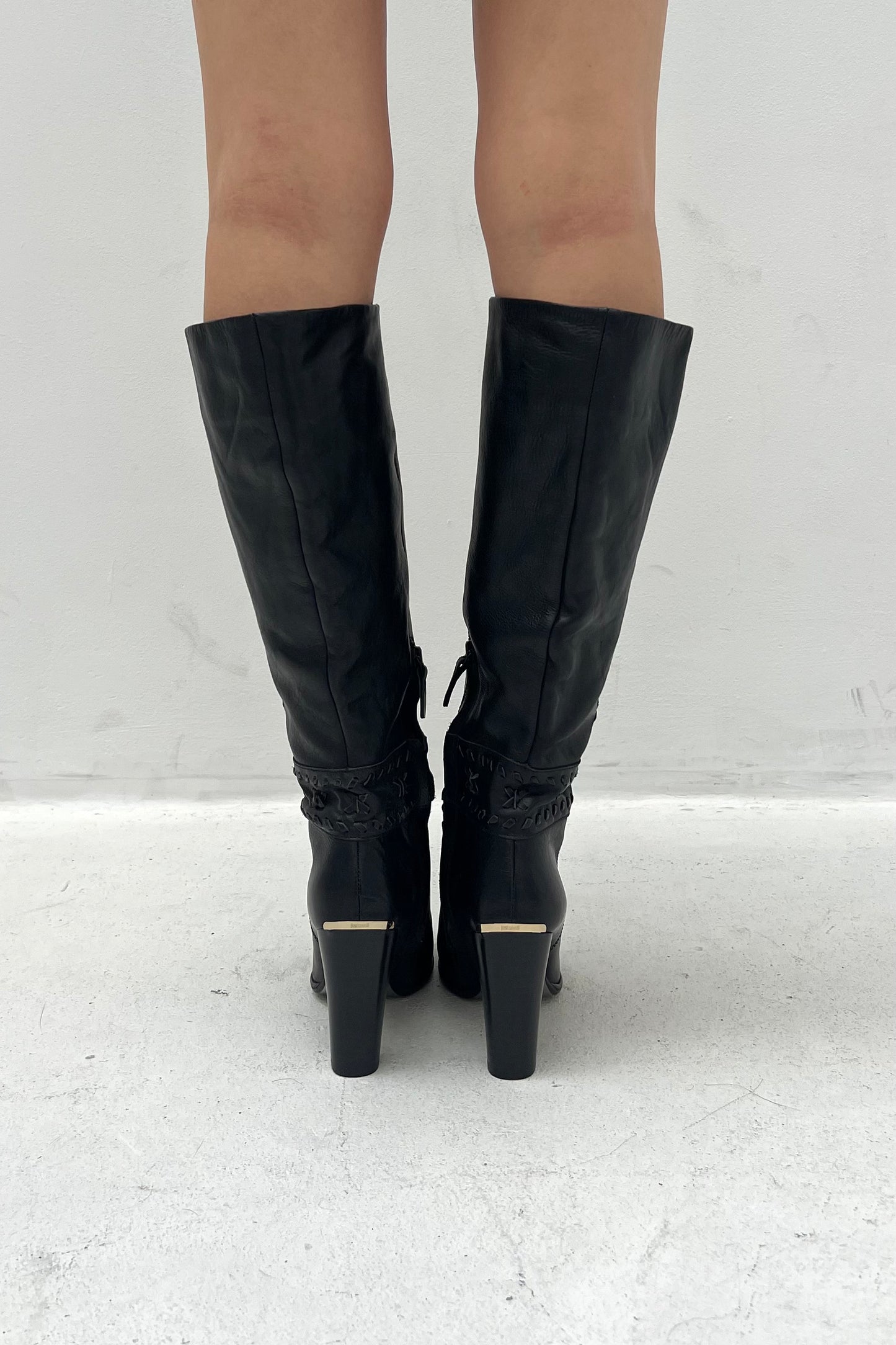 Vintage Black High Leather Stitch Detail Boots 39 -