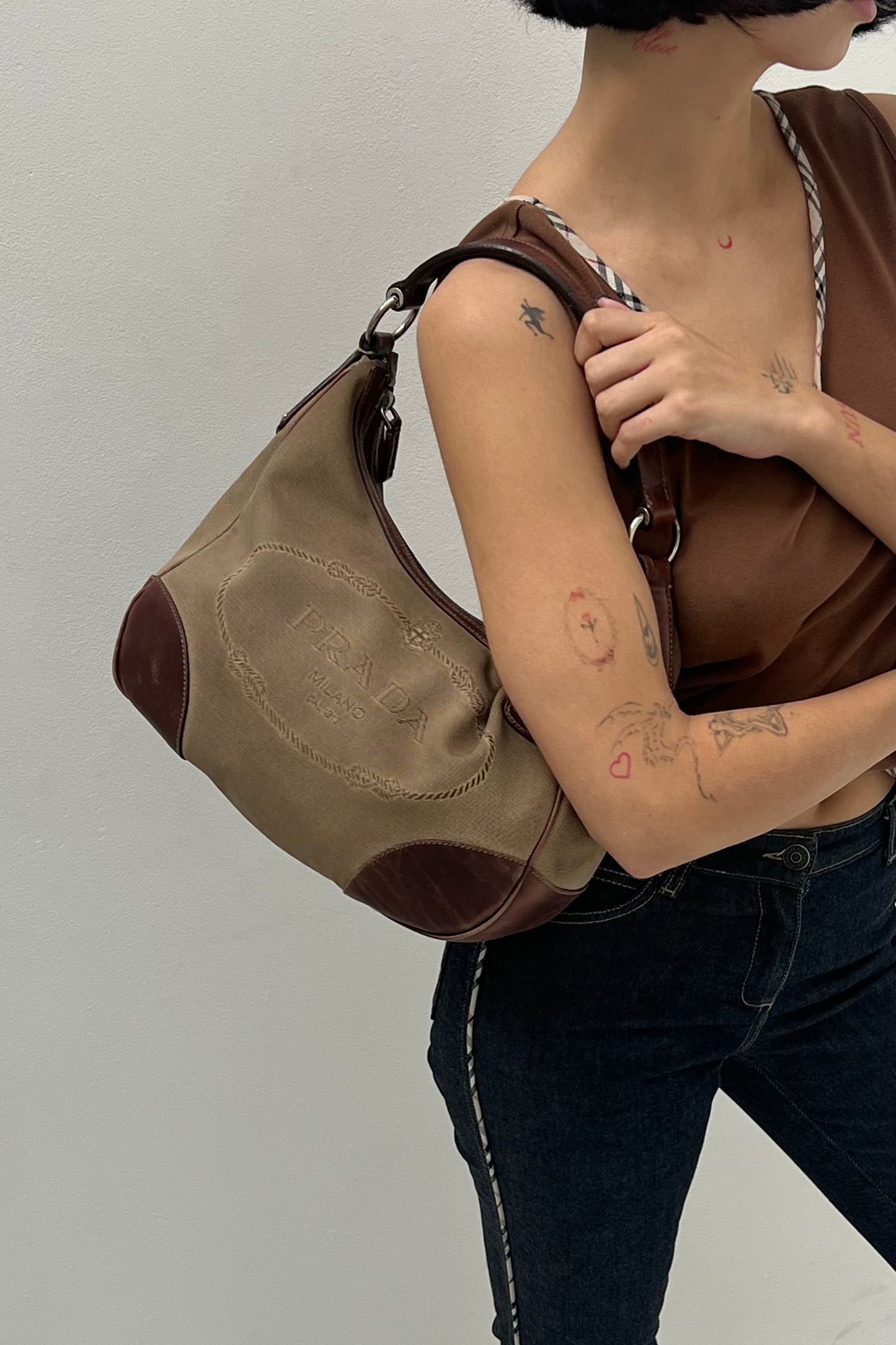 Vintage Big Front Logo & Brown Leather Shoulder Bag