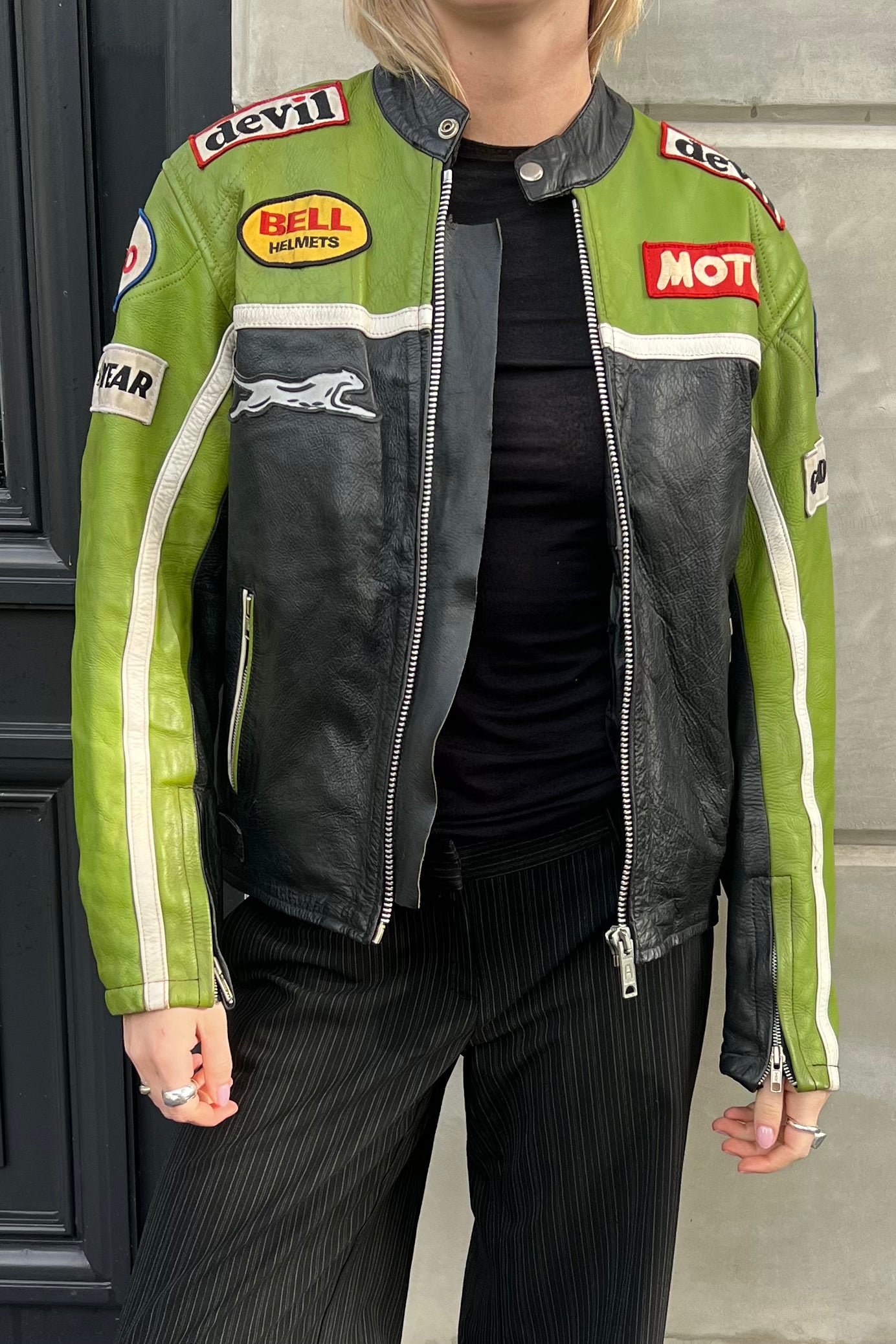 Vintage Motul Jaguar Green & Black Leather Jacket