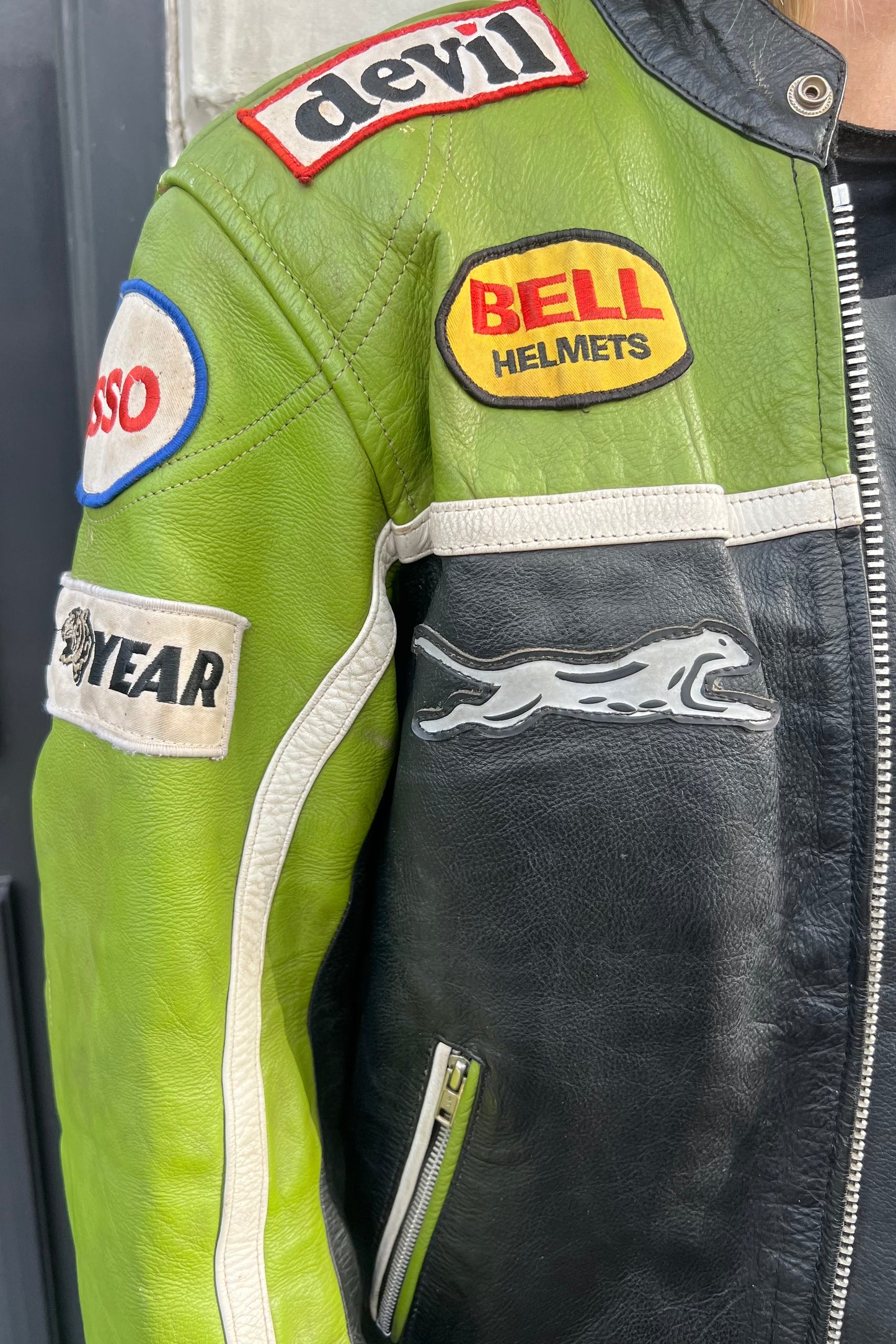 Vintage Motul Jaguar Green & Black Leather Jacket