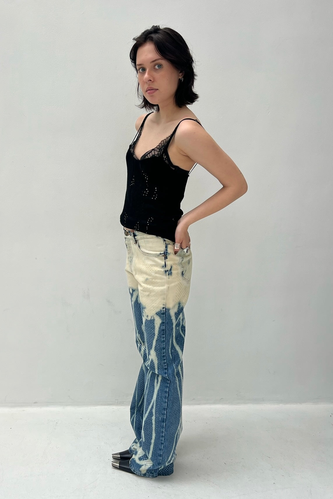 Vintage Tie Dye Shiny Print Denim Pants