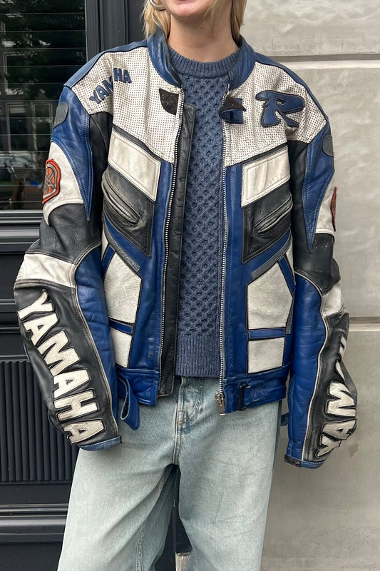 Vintage Black & Blue Patches Leather Jackets