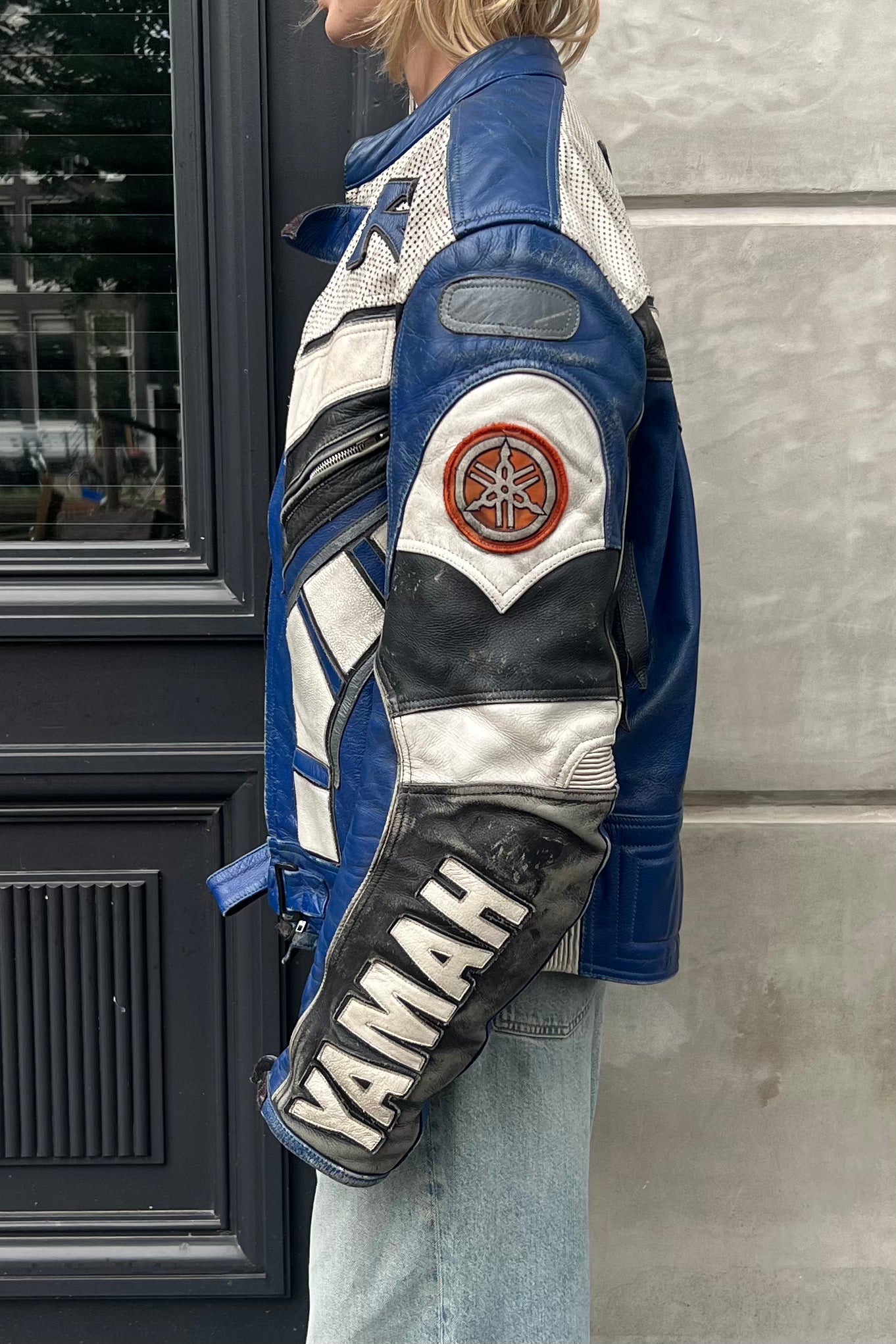 Vintage Black & Blue Patches Leather Jackets
