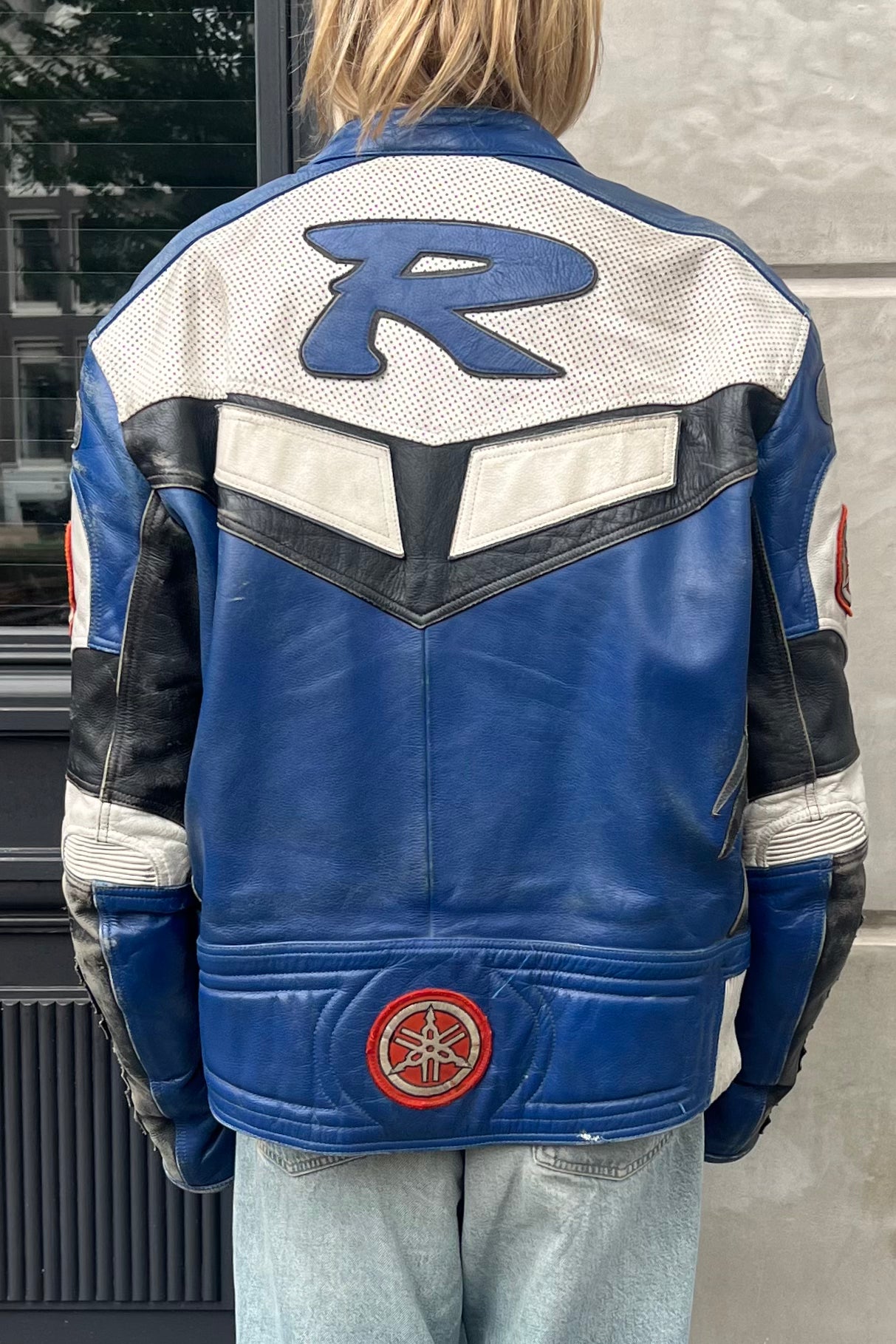 Vintage Black & Blue Patches Leather Jackets