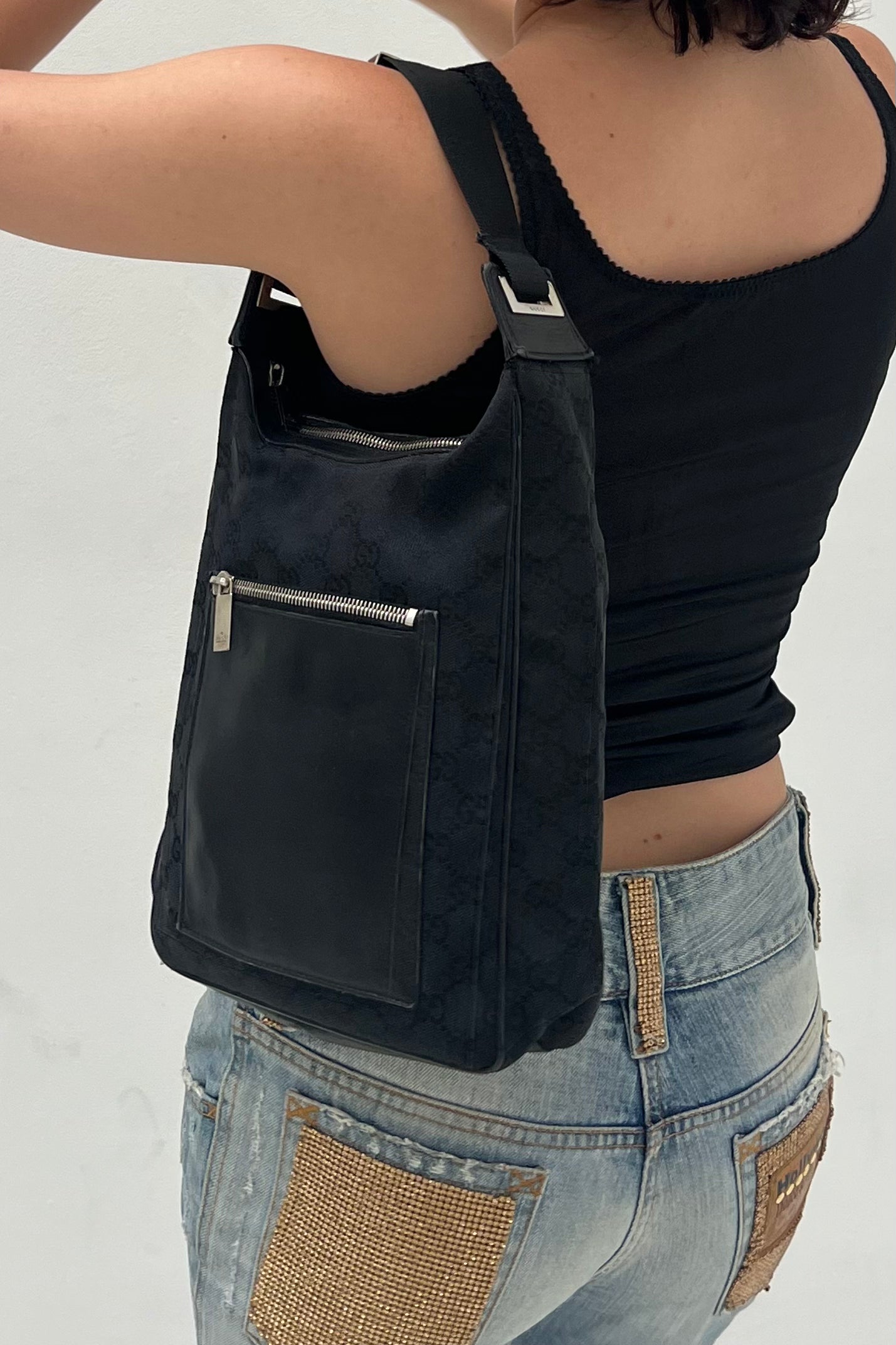 Vintage All Black Silver Hardware Shoulder Bag
