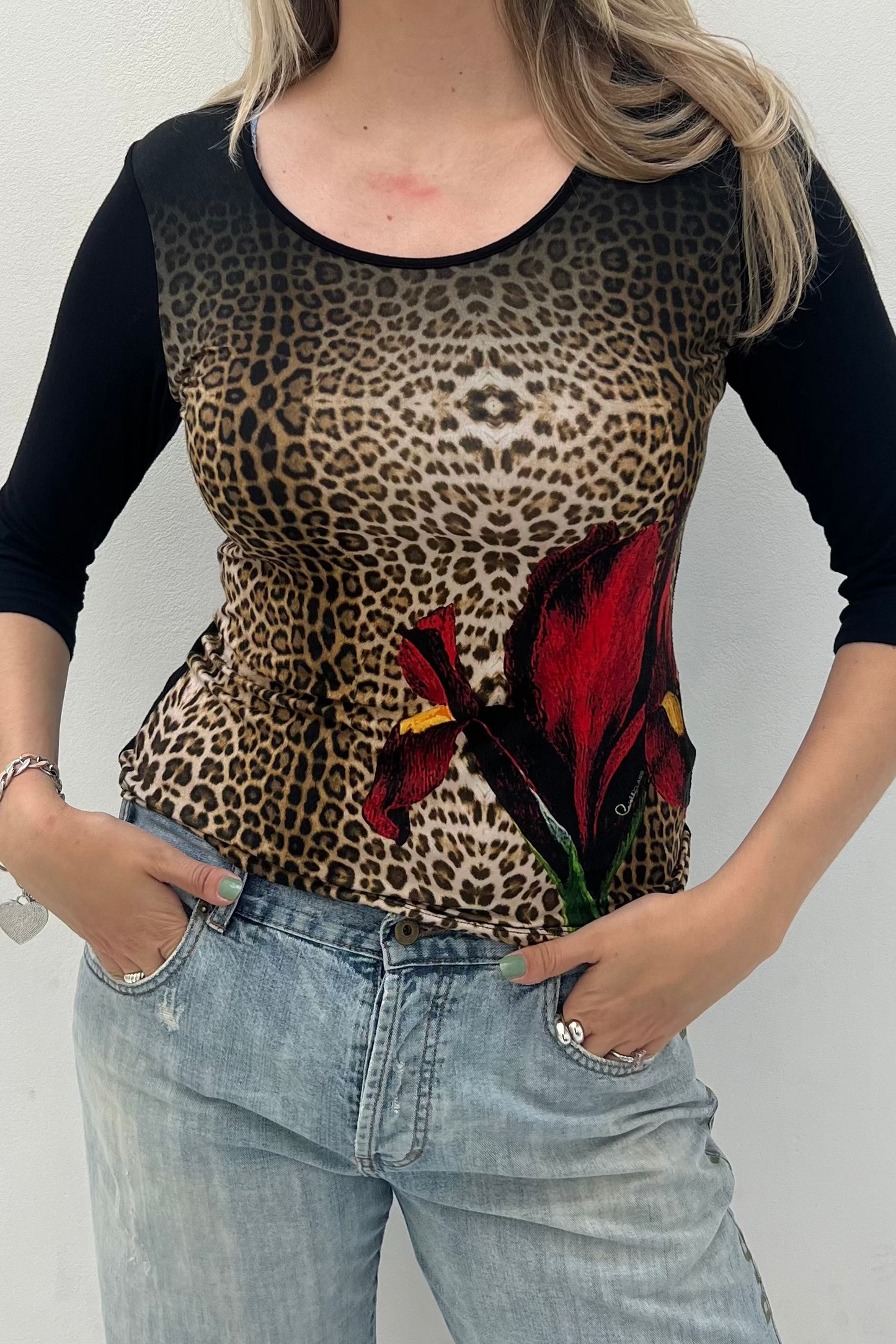 Vintage Black Leo & Red Flower Top