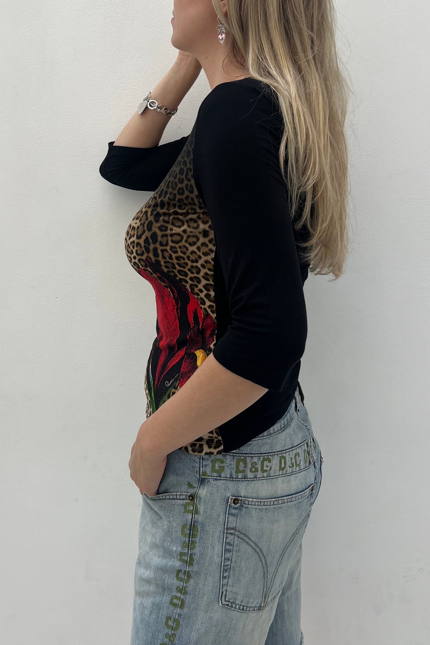 Vintage Black Leo & Red Flower Top