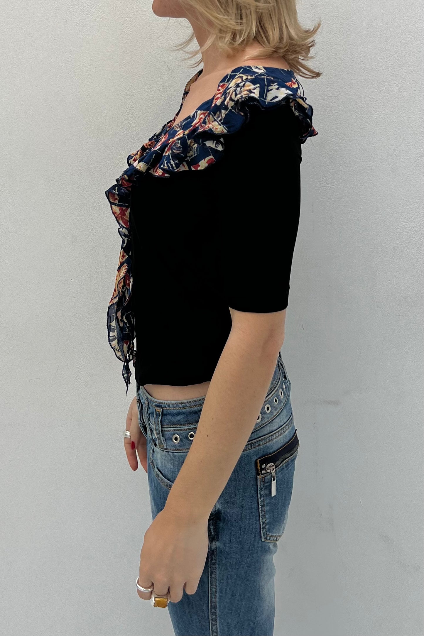 Vintage Black & Blue Fantasy Ruffle Top