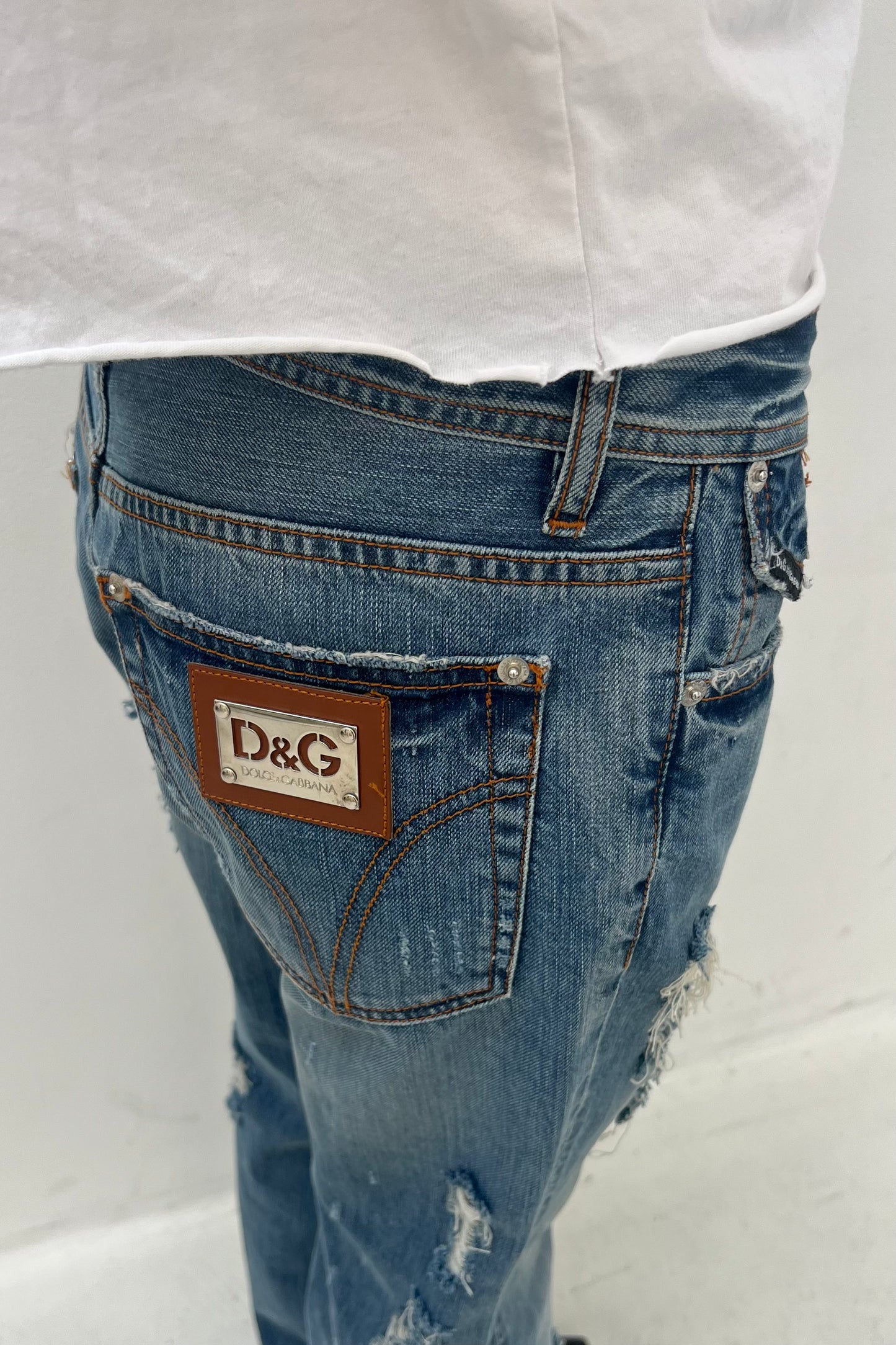 Vintage Denim Distressed Pocket Patch Pants