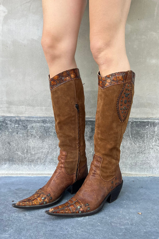 Vintage Suede Studs & Croco Details Boots 37