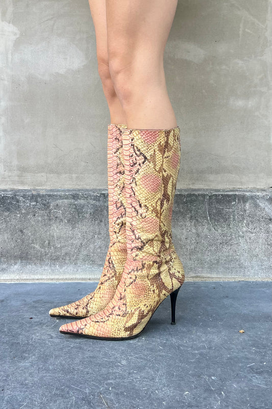 Vintage Python Pink & Yellow Melange Pointy Toe Boots 40