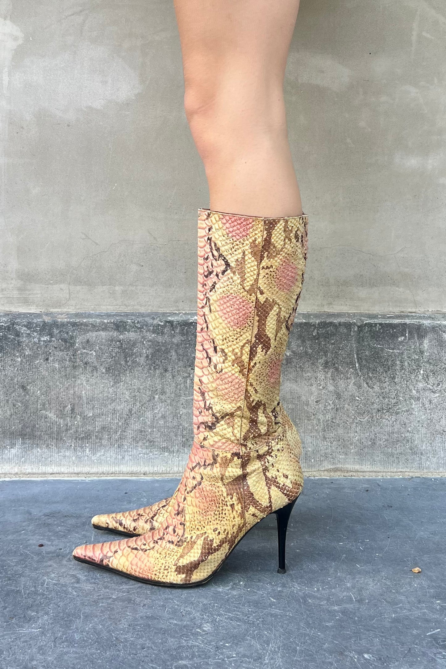 Vintage Python Pink & Yellow Melange Pointy Toe Boots 40