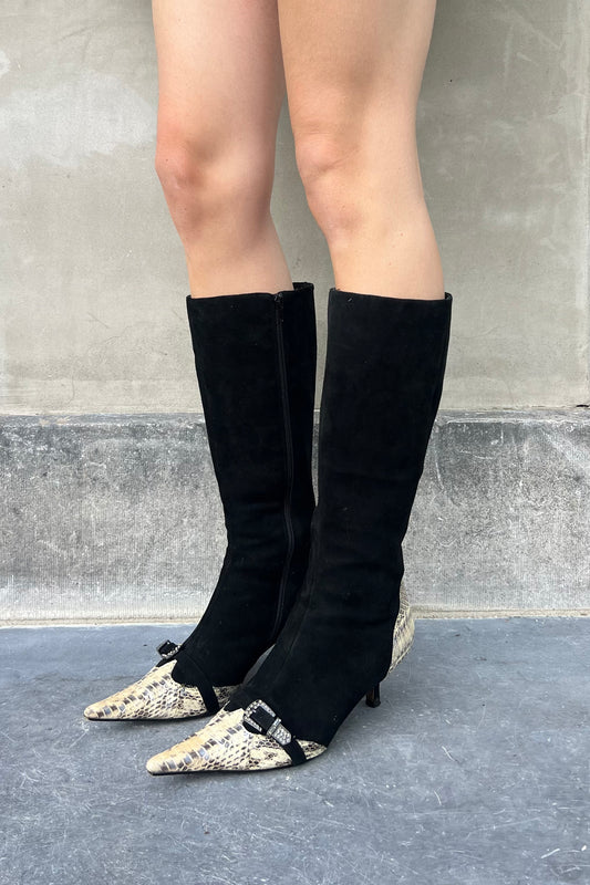 Vintage Black Suede & Cream Detail Boots 39