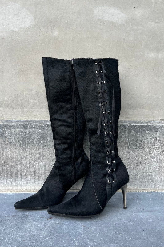 Vintage Black Pony Hair Corset Boots 36