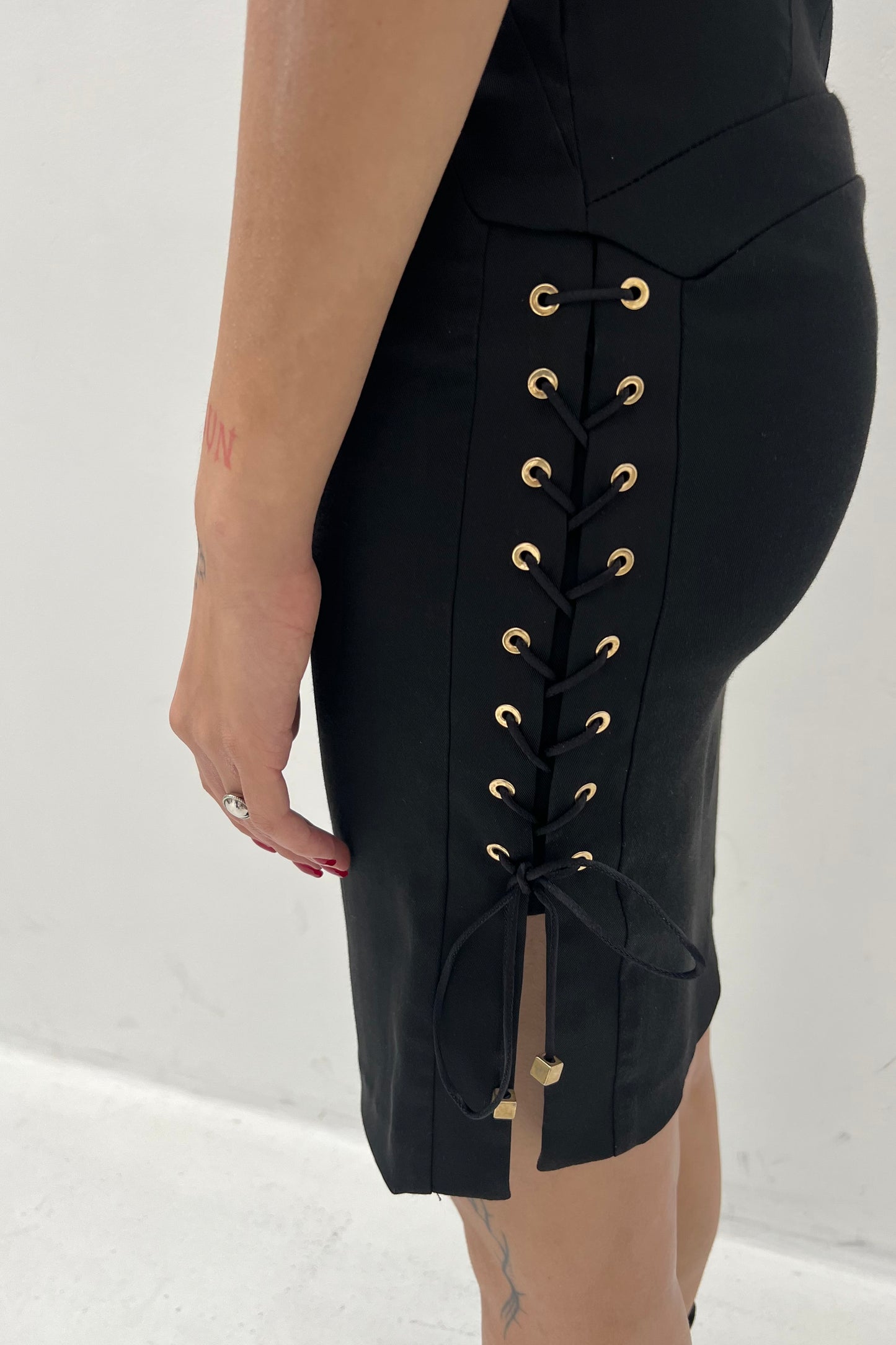 Vintage Black Golden Lace Up Details Dress