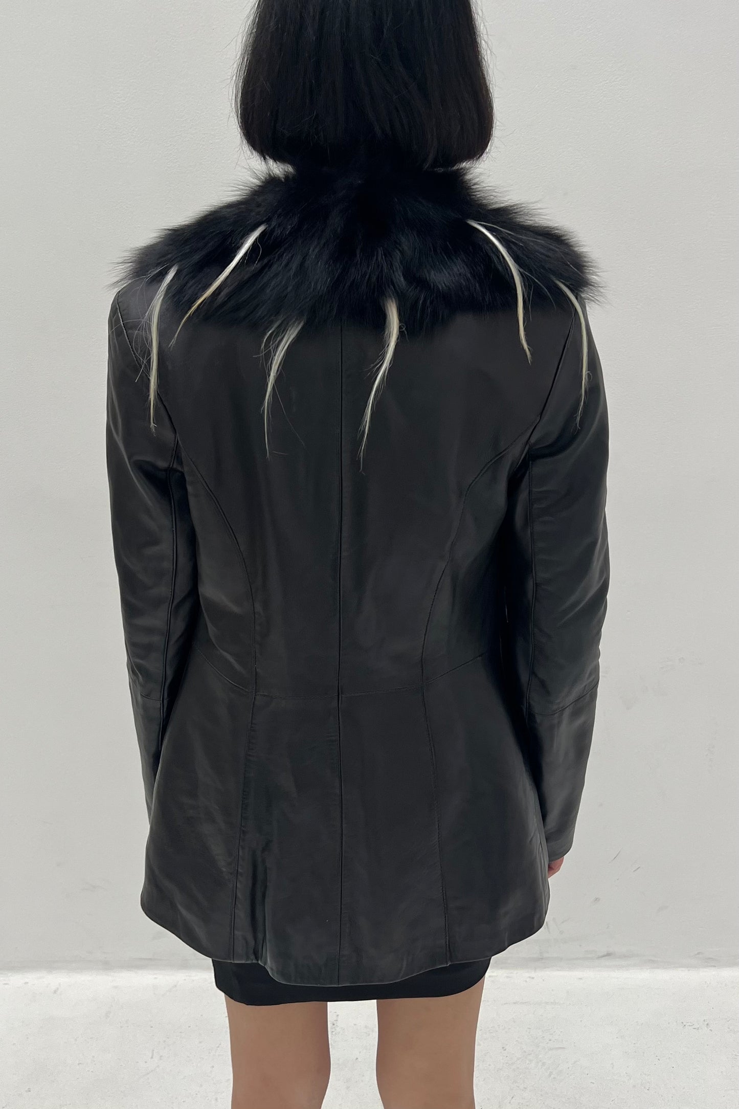 Vintage Black Leather White Details Fur Collar Coat