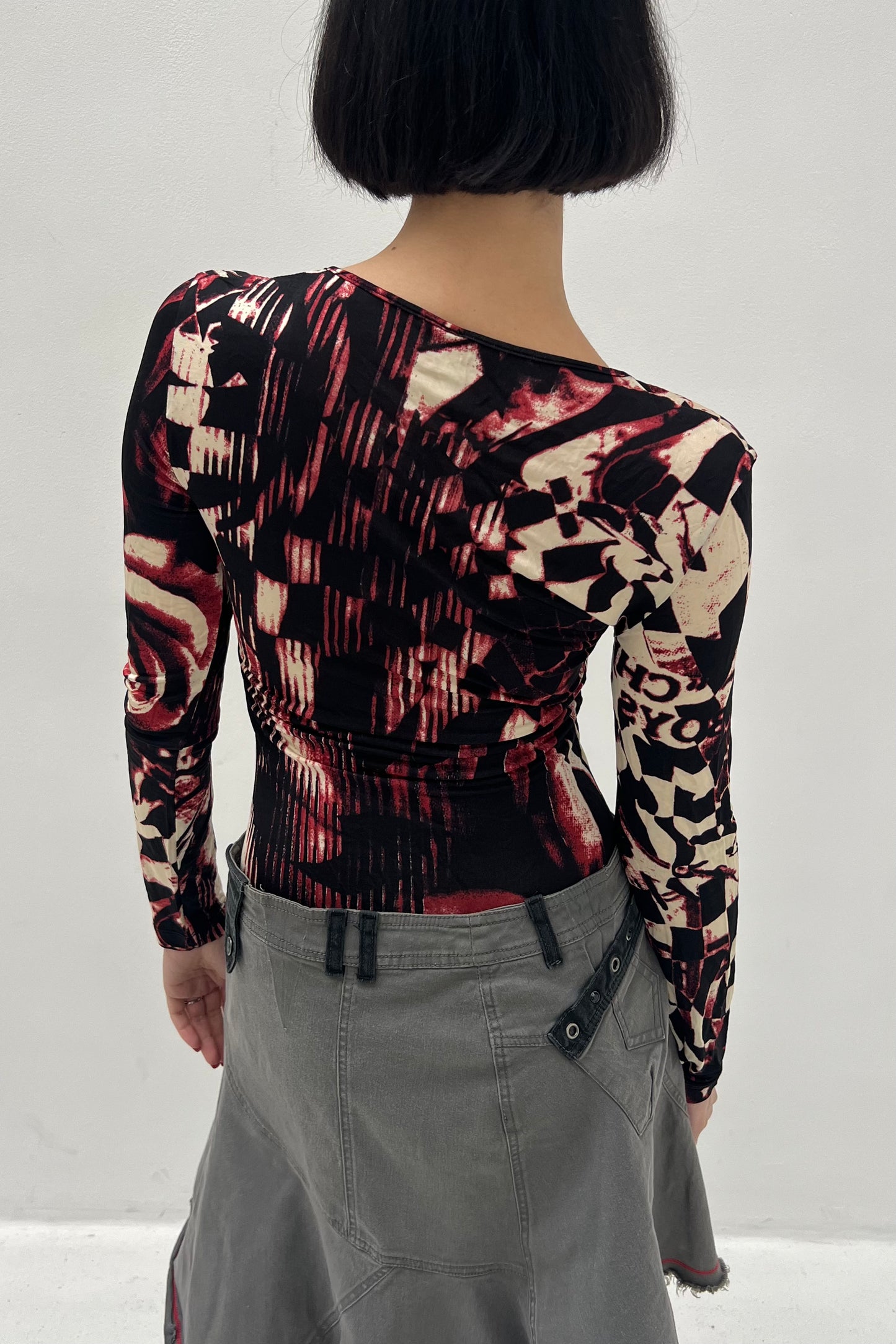 Vintage Black, Cream & Red Shiny Long-sleeve Top