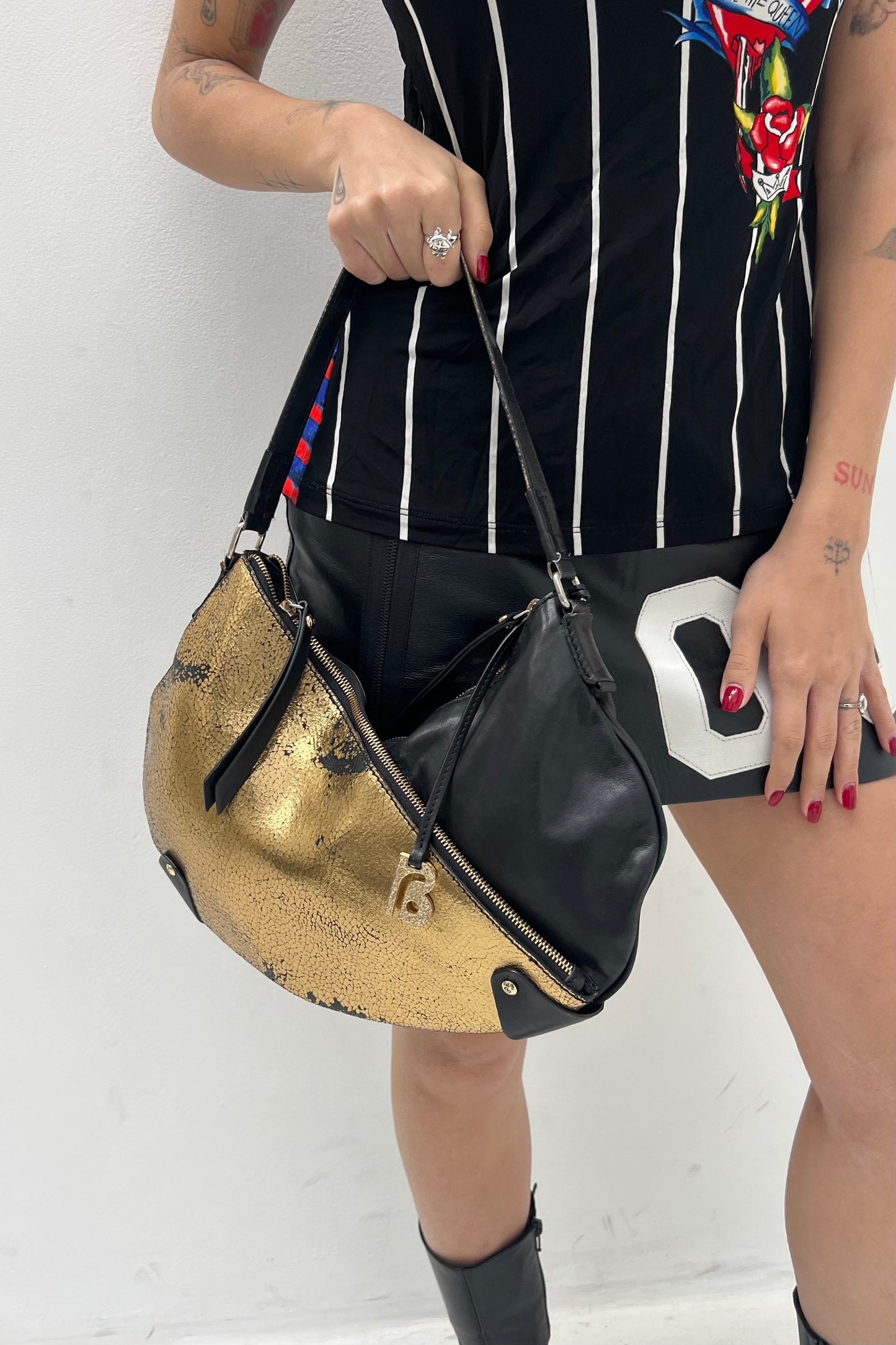 Vintage Black & Golden Leather Shoulder Bag