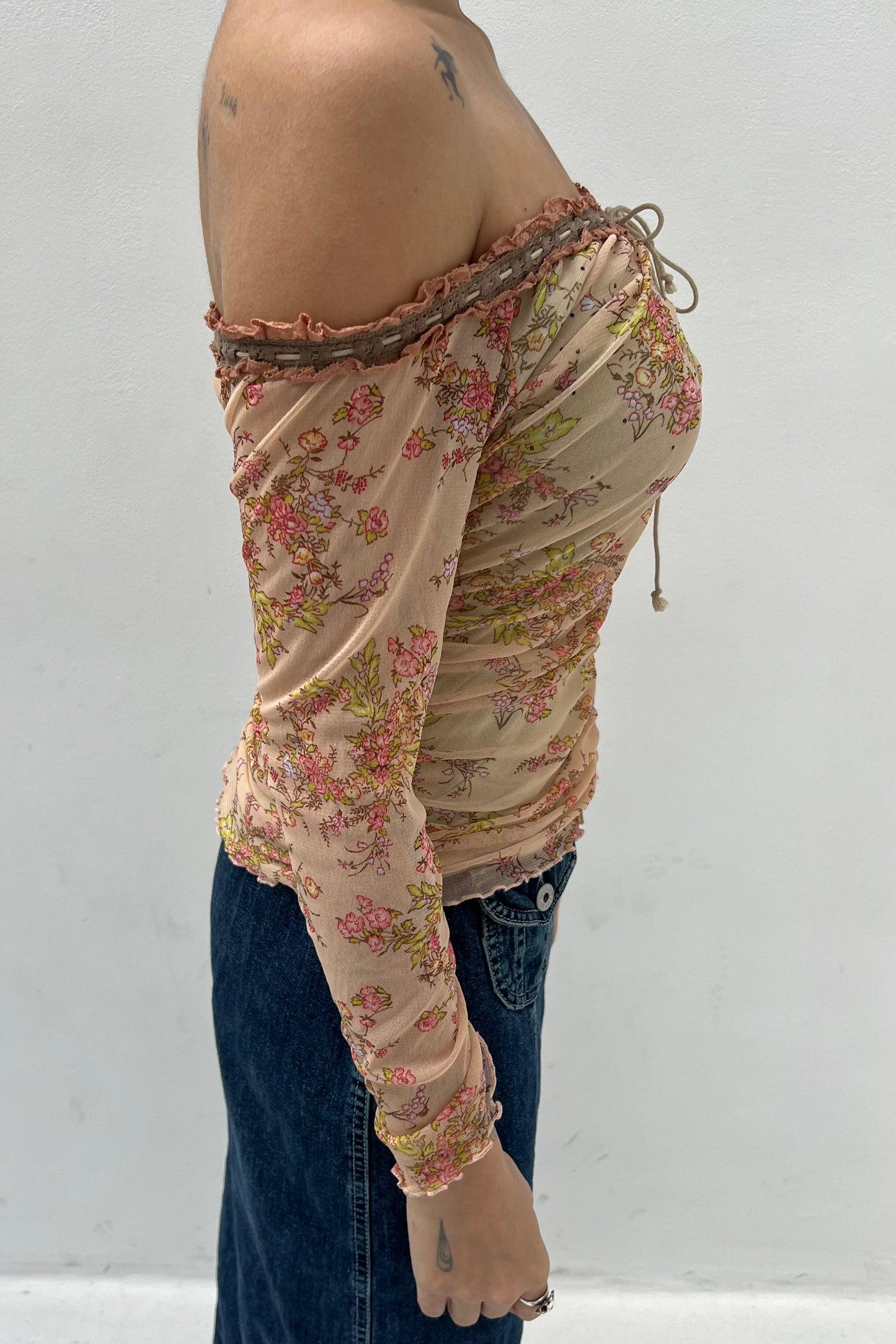 Vintage Nude Ruched Mesh Top