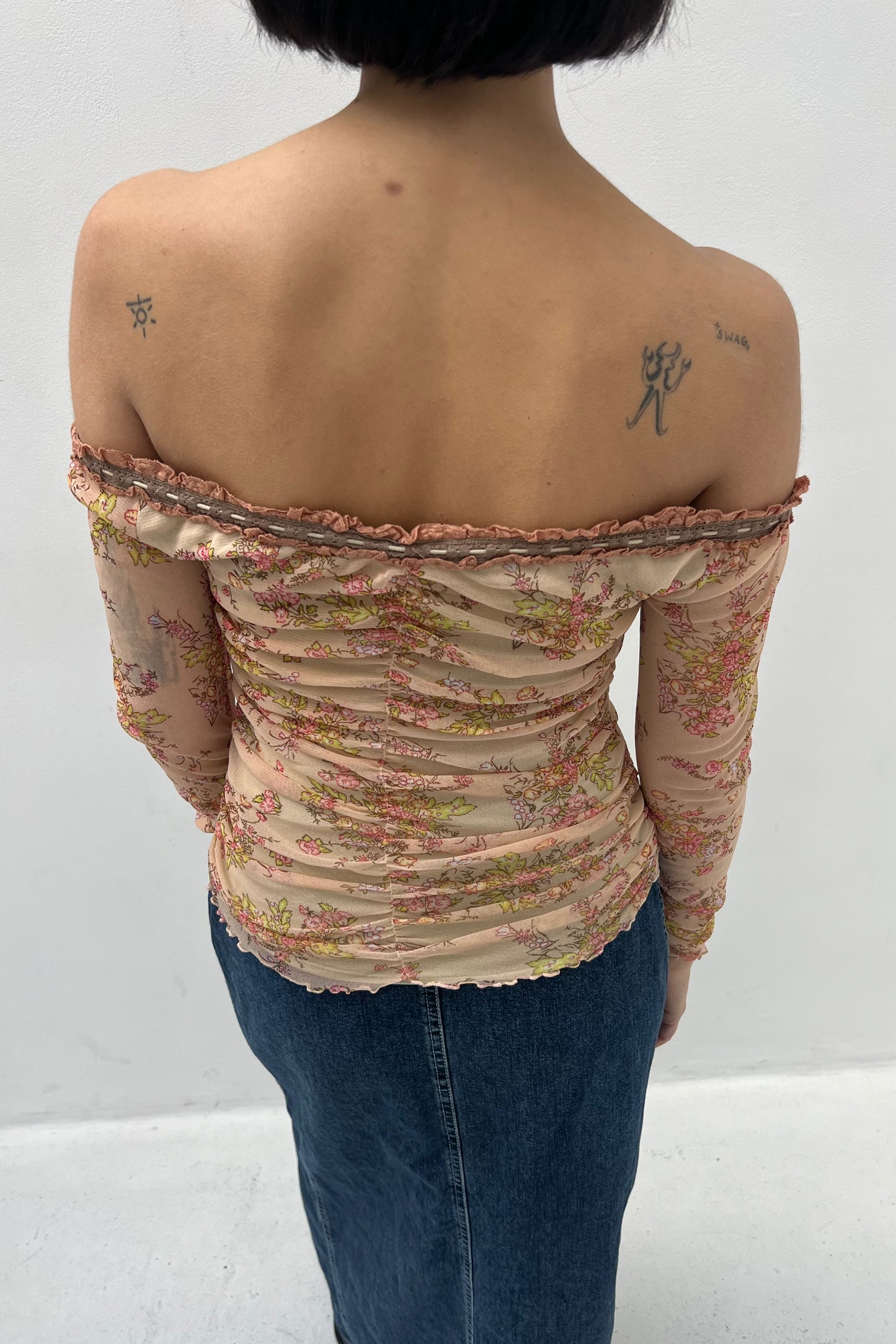 Vintage Nude Ruched Mesh Top