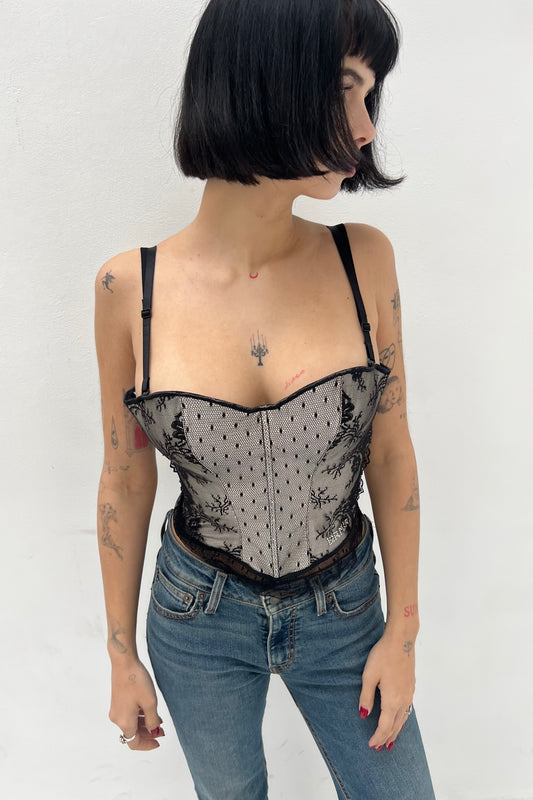 Vintage Nude & Black Satin & Lace Corset Top