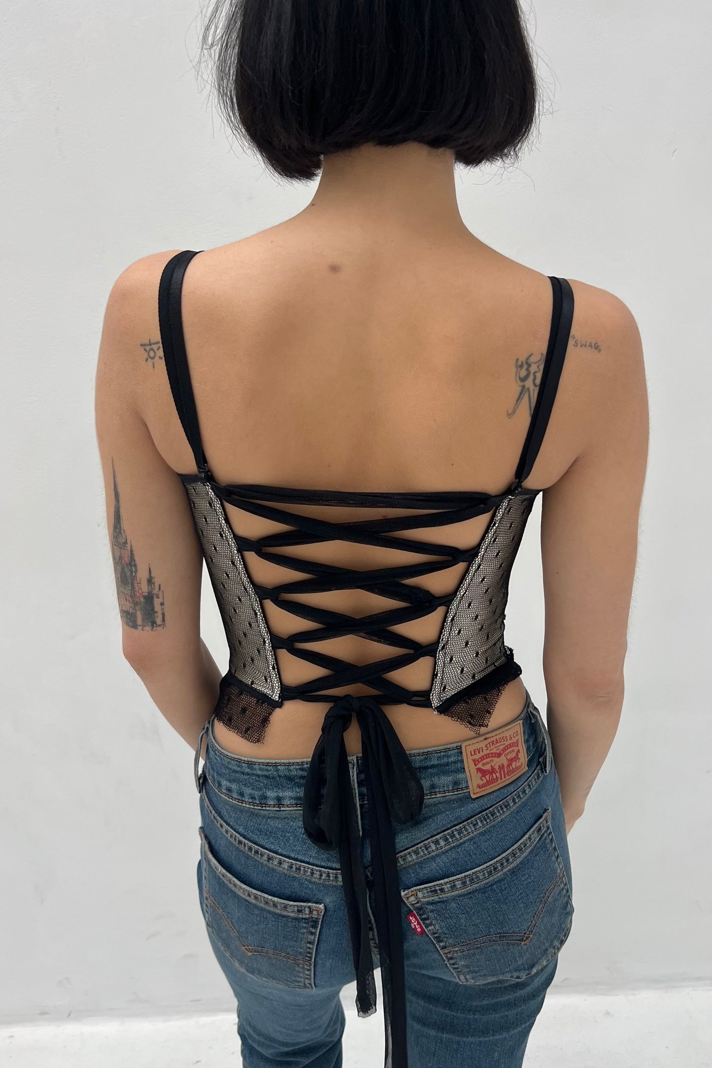 Vintage Nude & Black Satin & Lace Corset Top