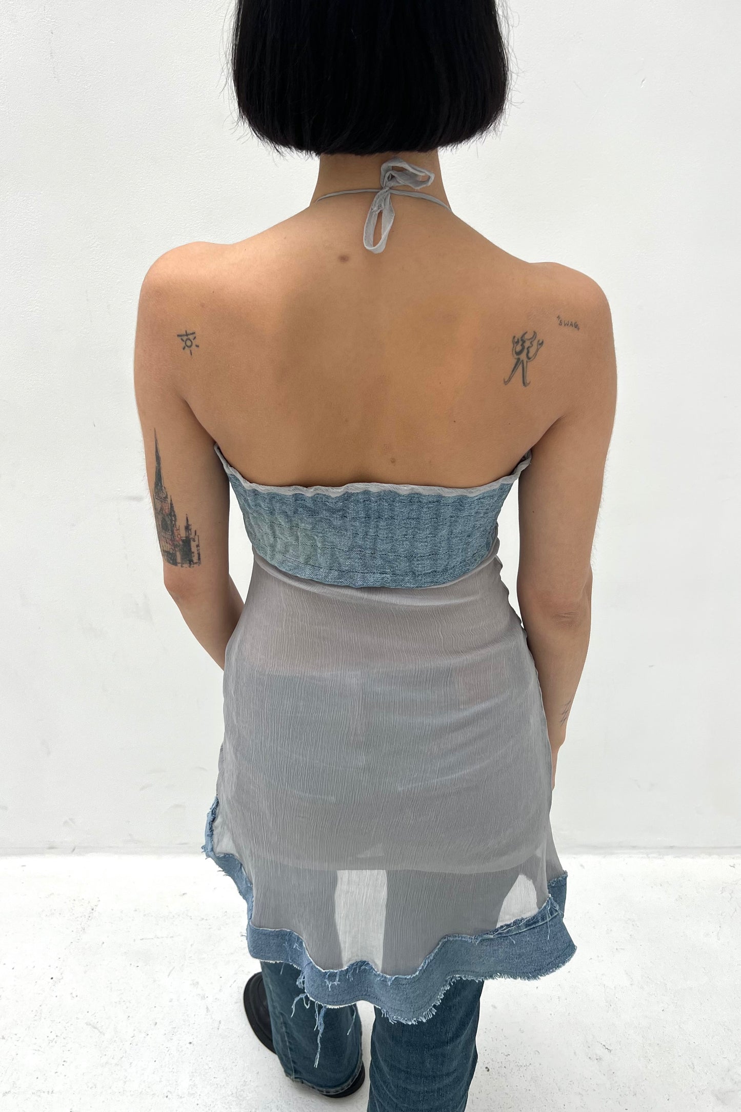 Vintage Gray Denim & Silk Dress