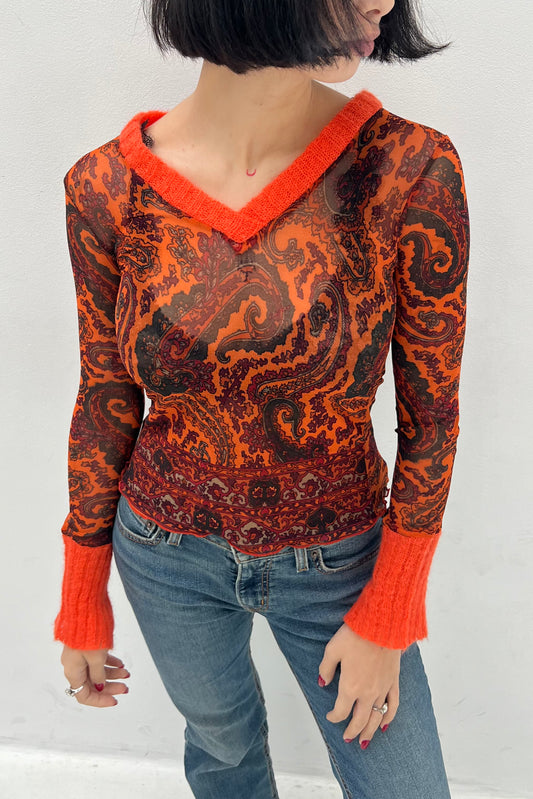 Vintage Orange Mesh Knitted Details Long sleeve