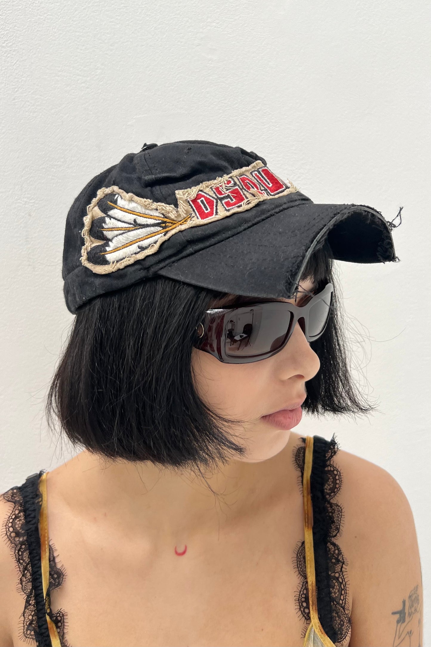 Vintage Distressed Black Feather Cap