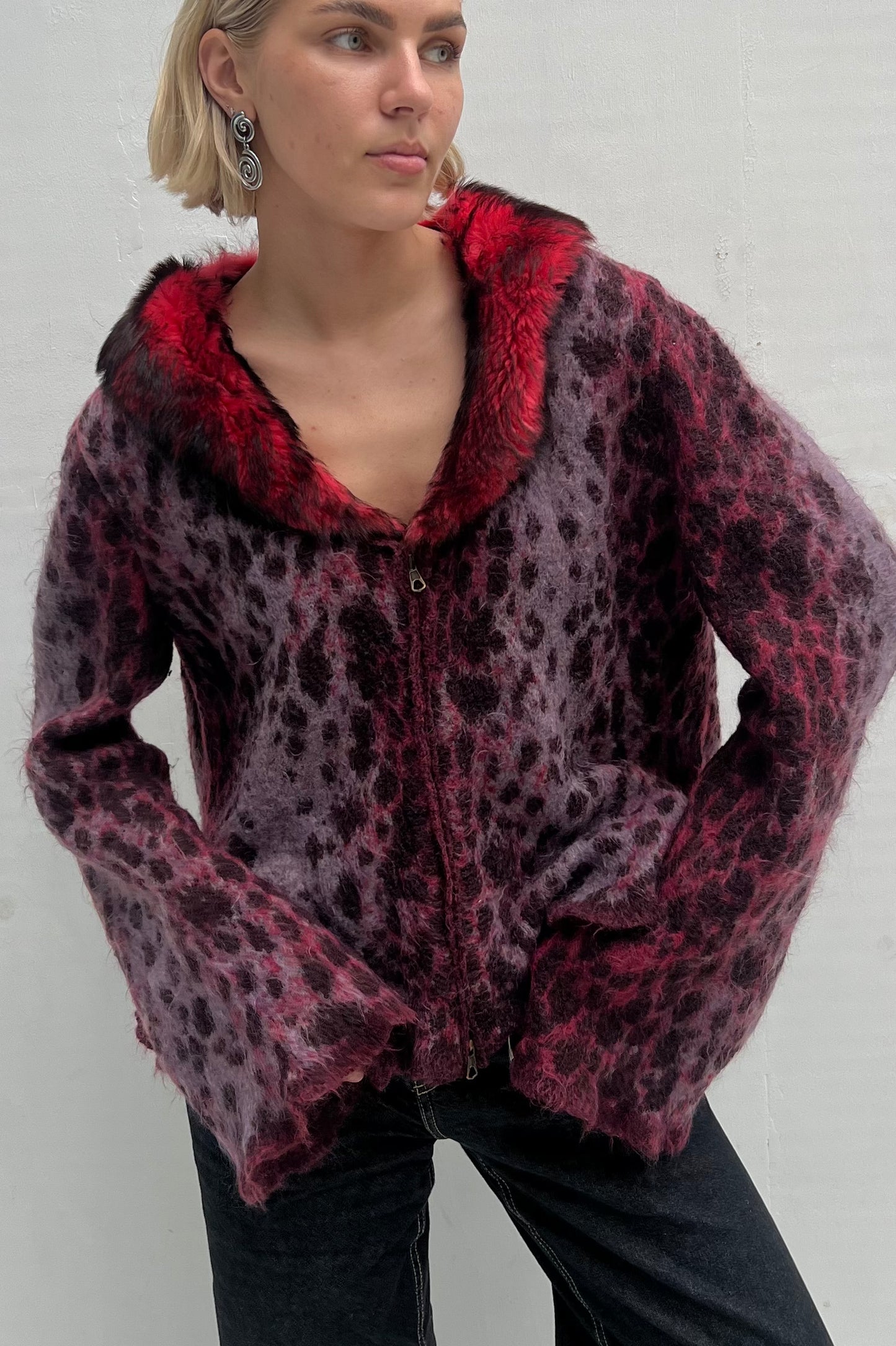 Vintage Burgundy Leopard Fur Collar Cardigan