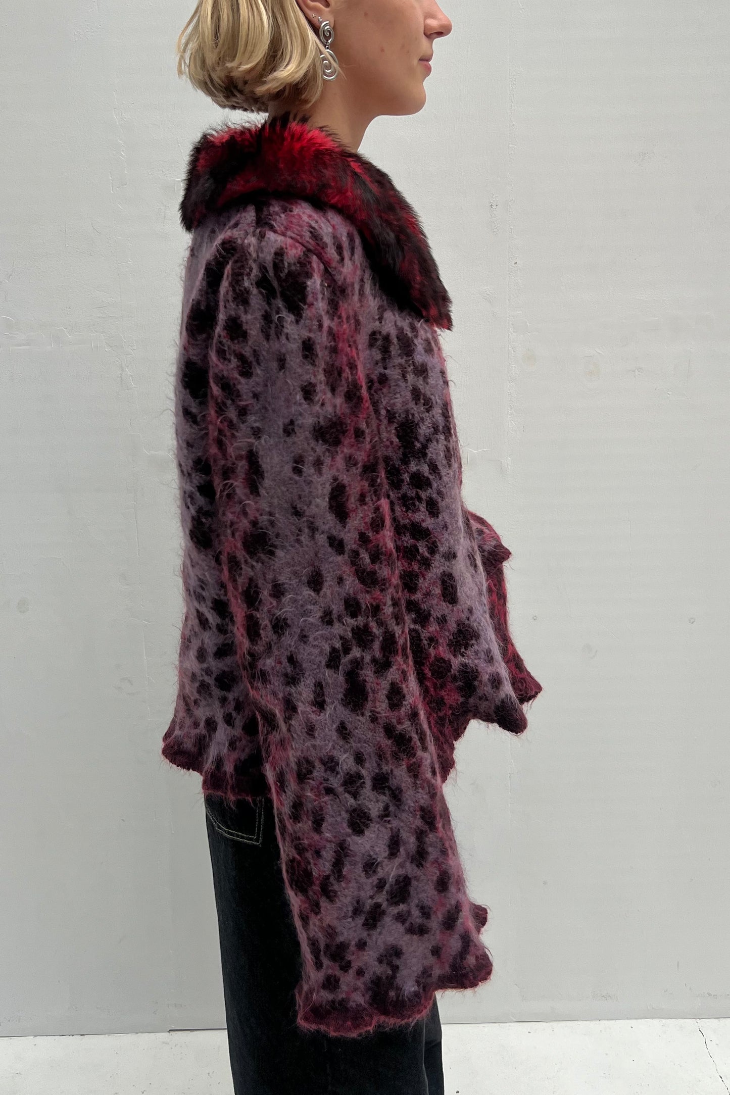 Vintage Burgundy Leopard Fur Collar Cardigan