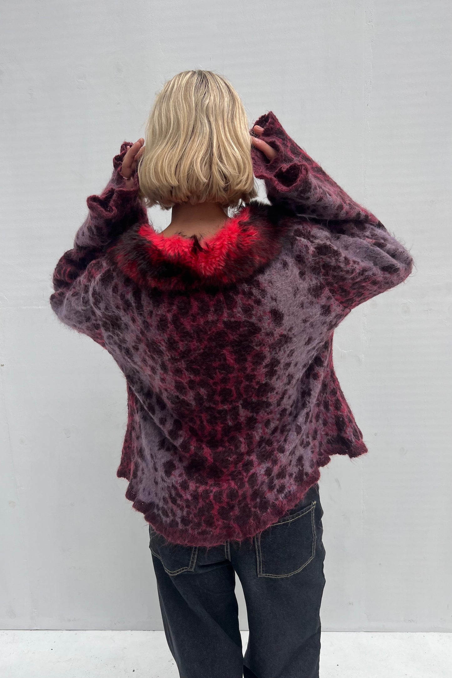 Vintage Burgundy Leopard Fur Collar Cardigan
