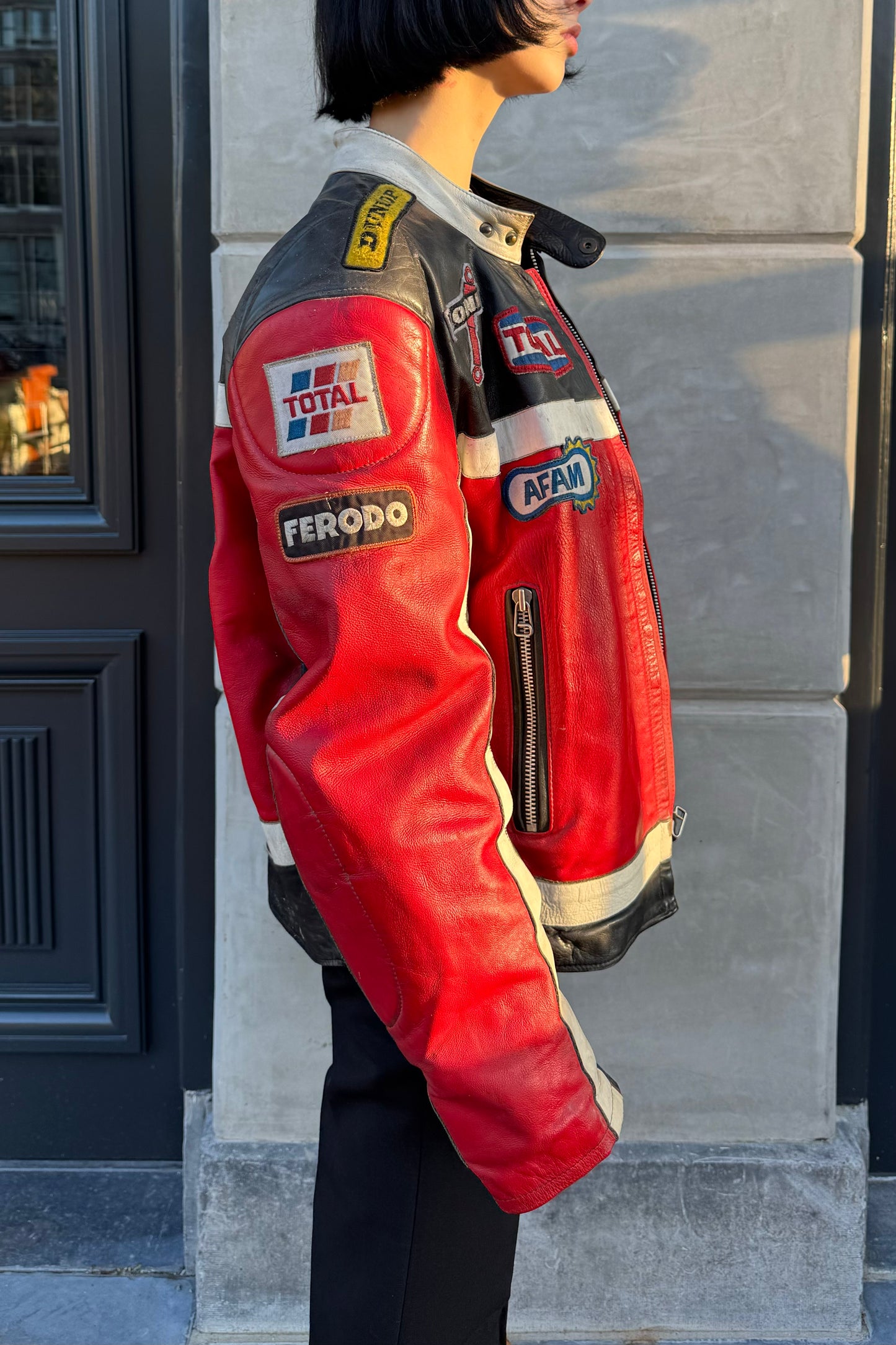 Vintage Red & Black Multi Patches Leather Racing Jacket