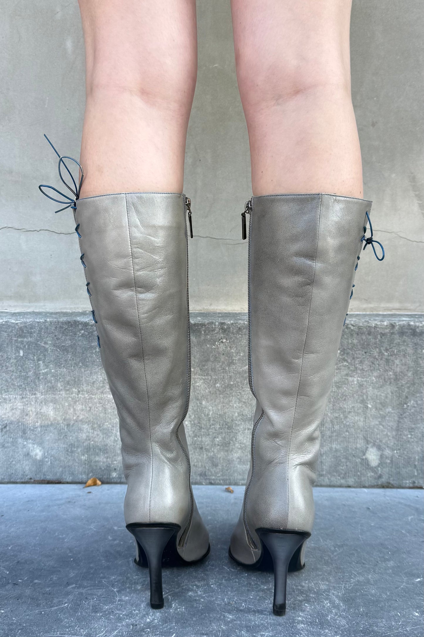 Vintage Grey Blue Lace Up Boots 38