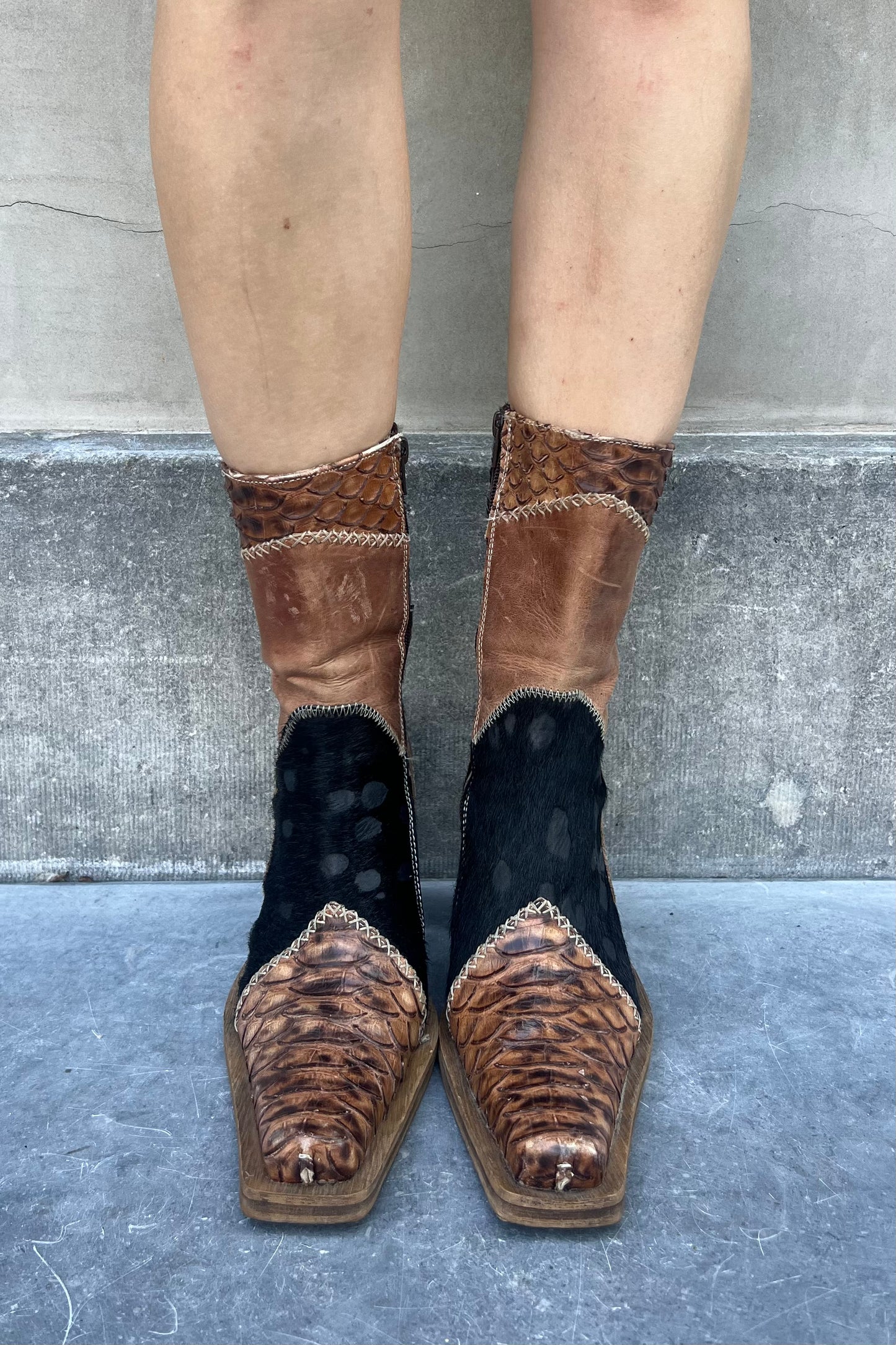 Vintage Patchwork Brown Leather Boots 38