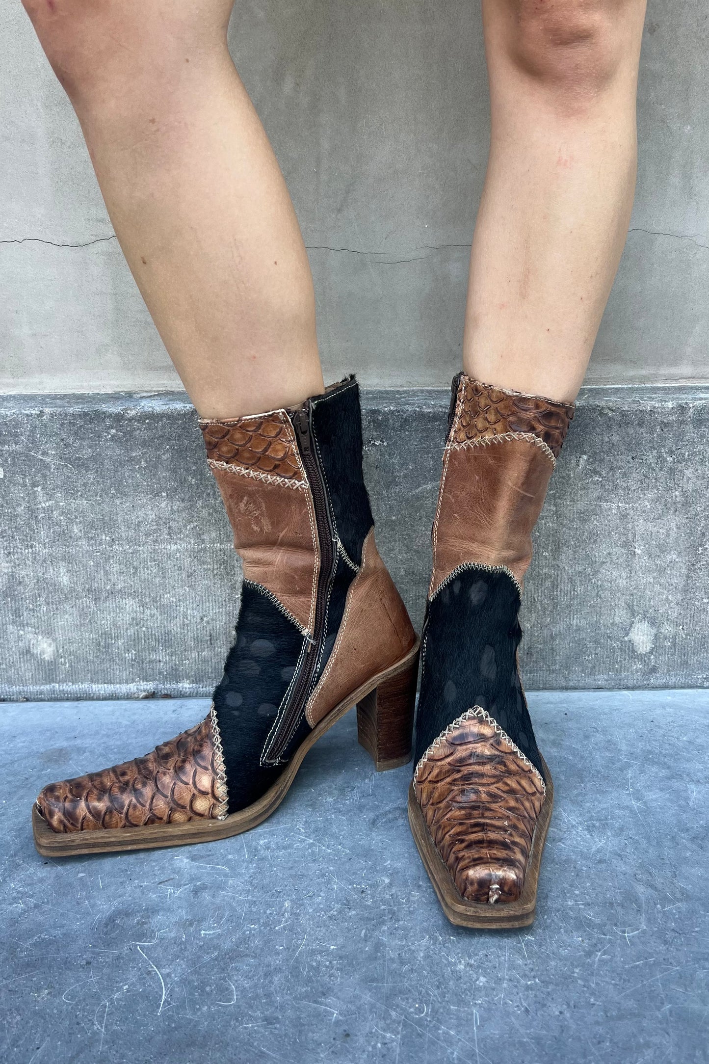 Vintage Patchwork Brown Leather Boots 38