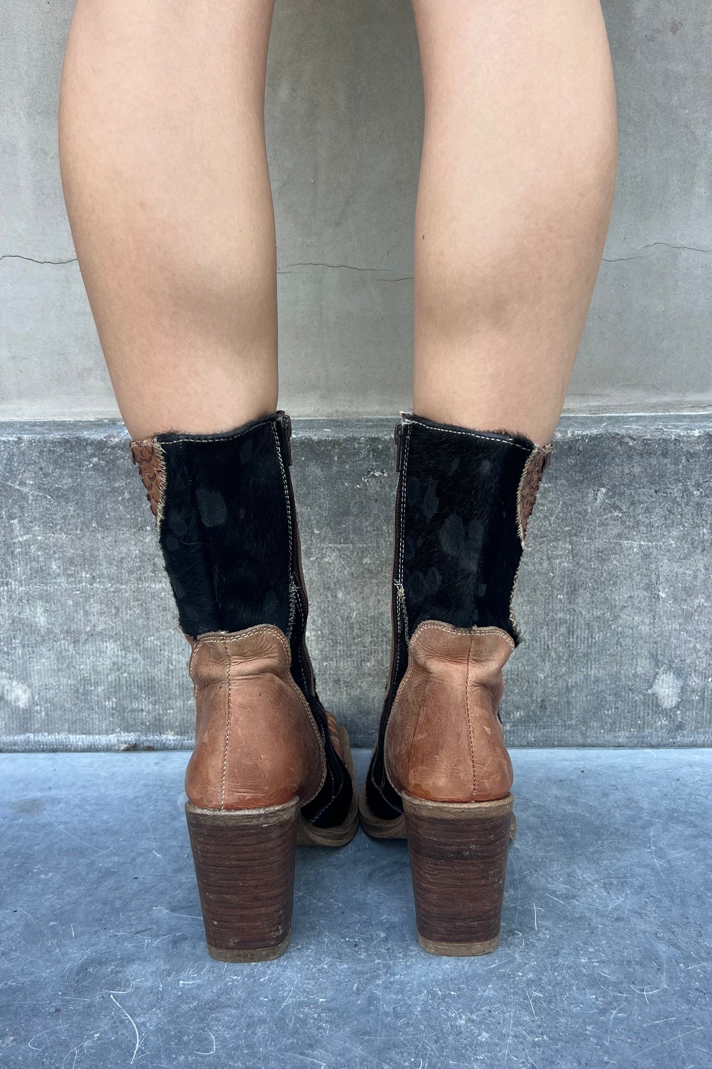 Vintage Patchwork Brown Leather Boots 38