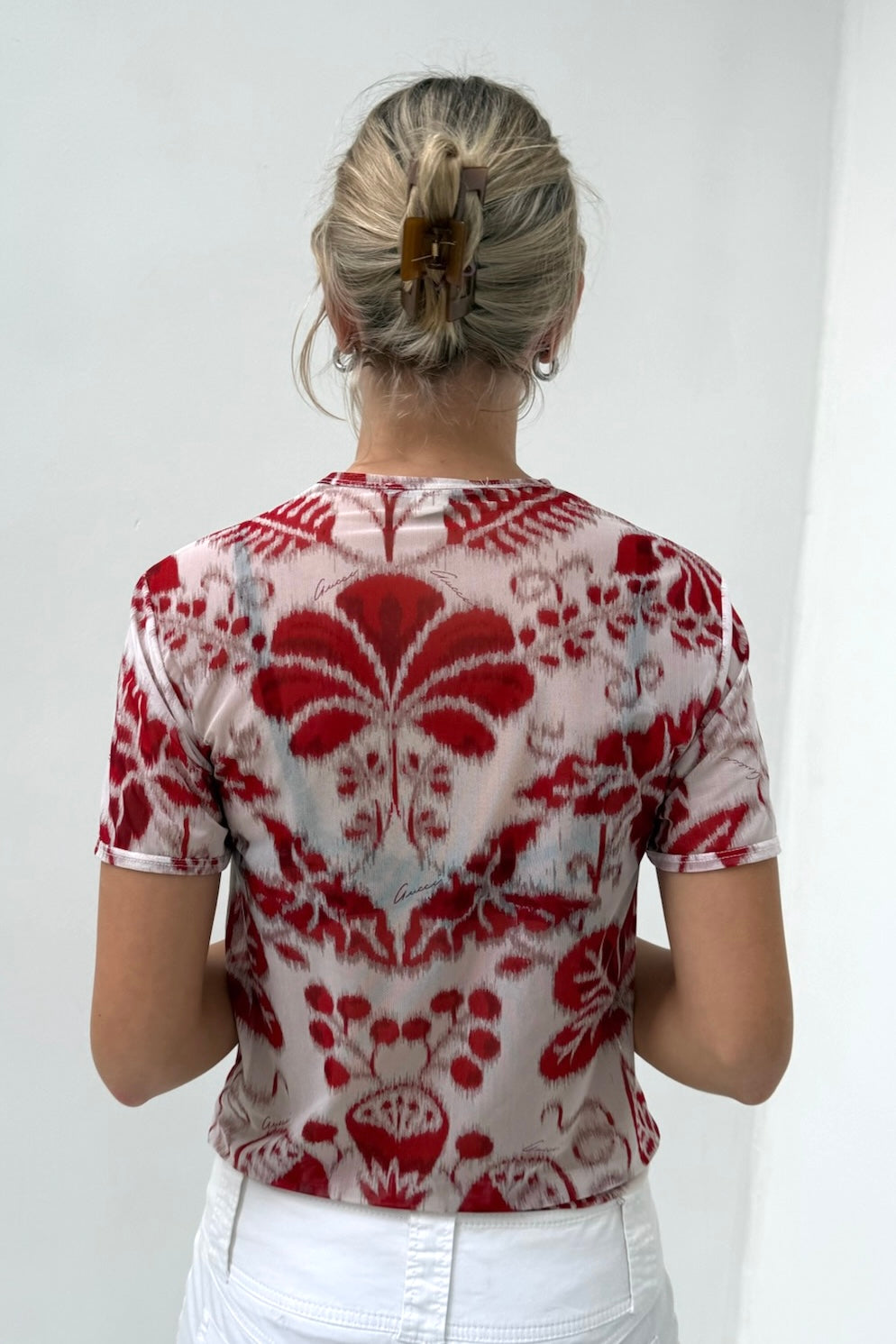 Vintage Red & White Floral Mesh Tee