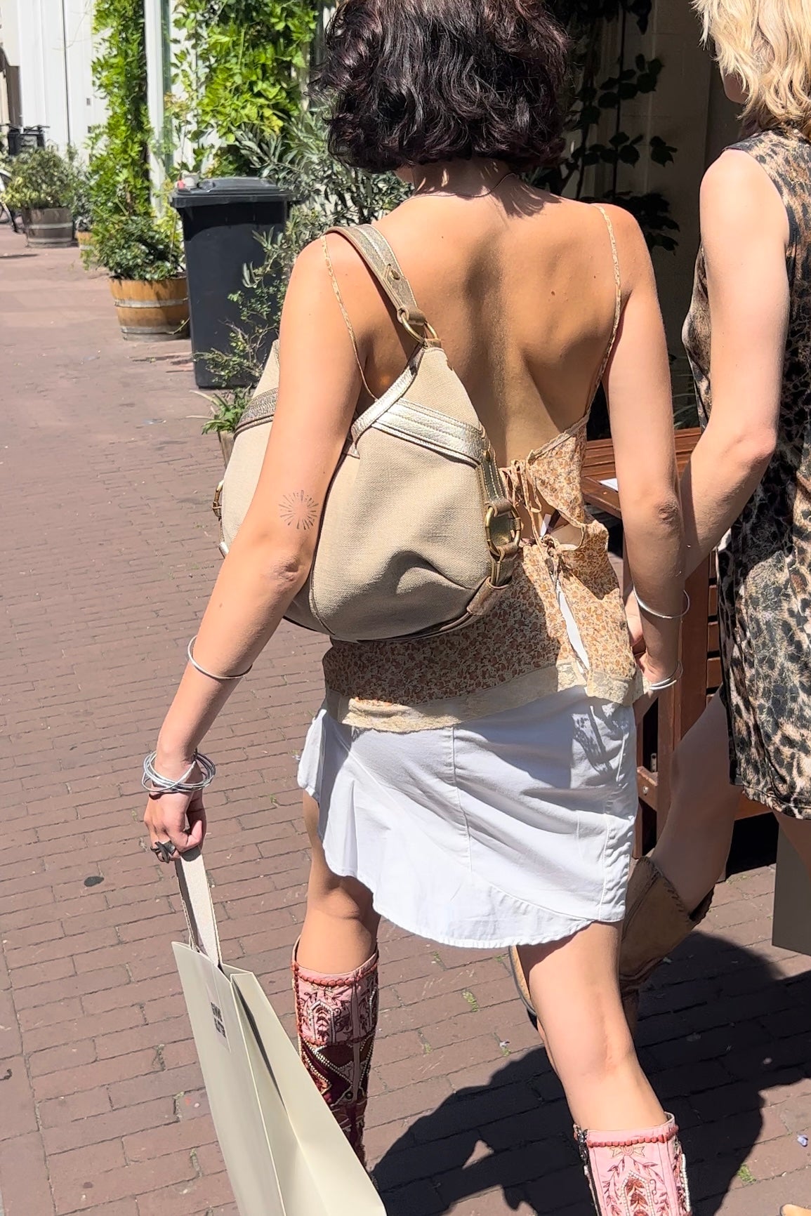 Vintage Cream Canvas & Golden Leather Hobo Shoulder Bag -