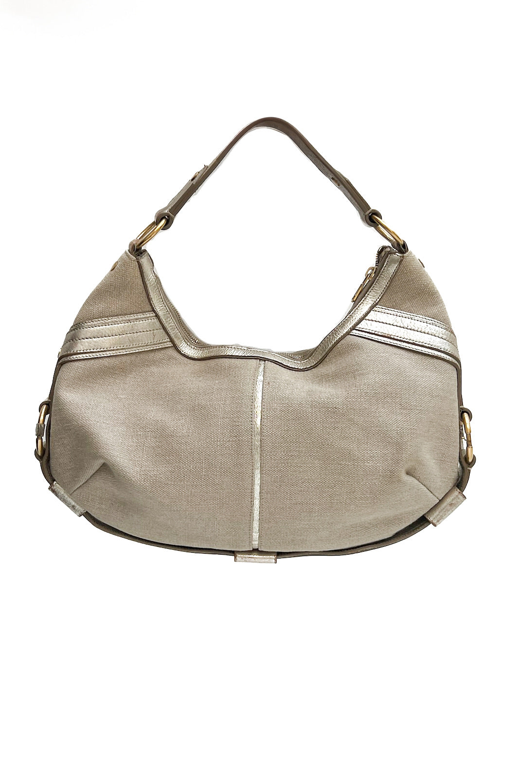 Vintage Cream Canvas & Golden Leather Hobo Shoulder Bag -