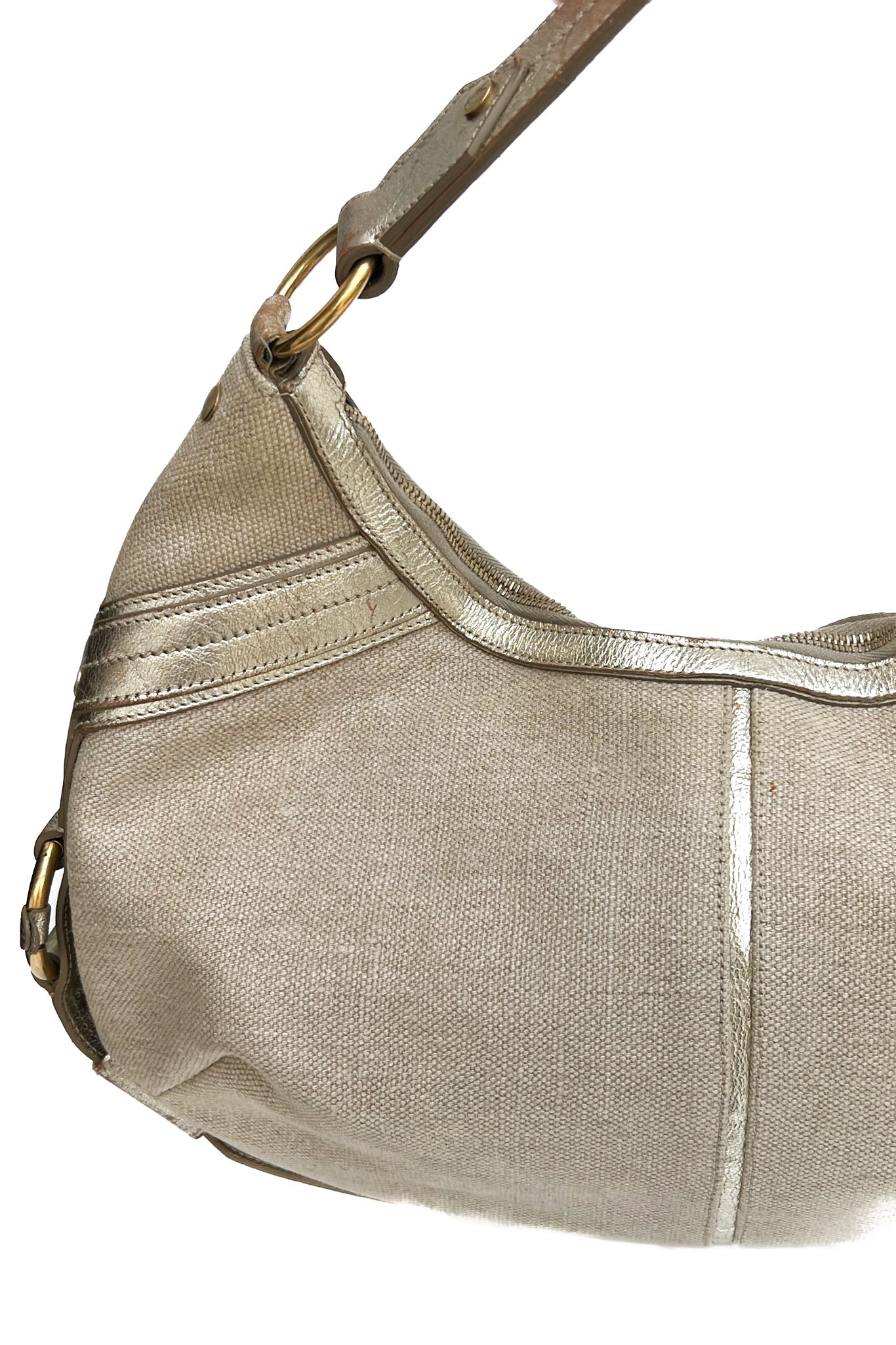 Vintage Cream Canvas & Golden Leather Hobo Shoulder Bag -