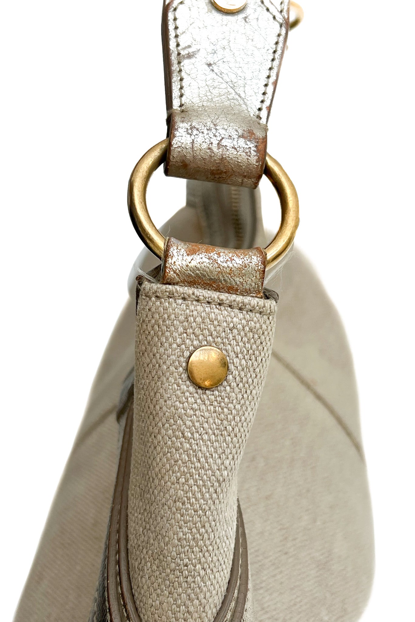 Vintage Cream Canvas & Golden Leather Hobo Shoulder Bag -