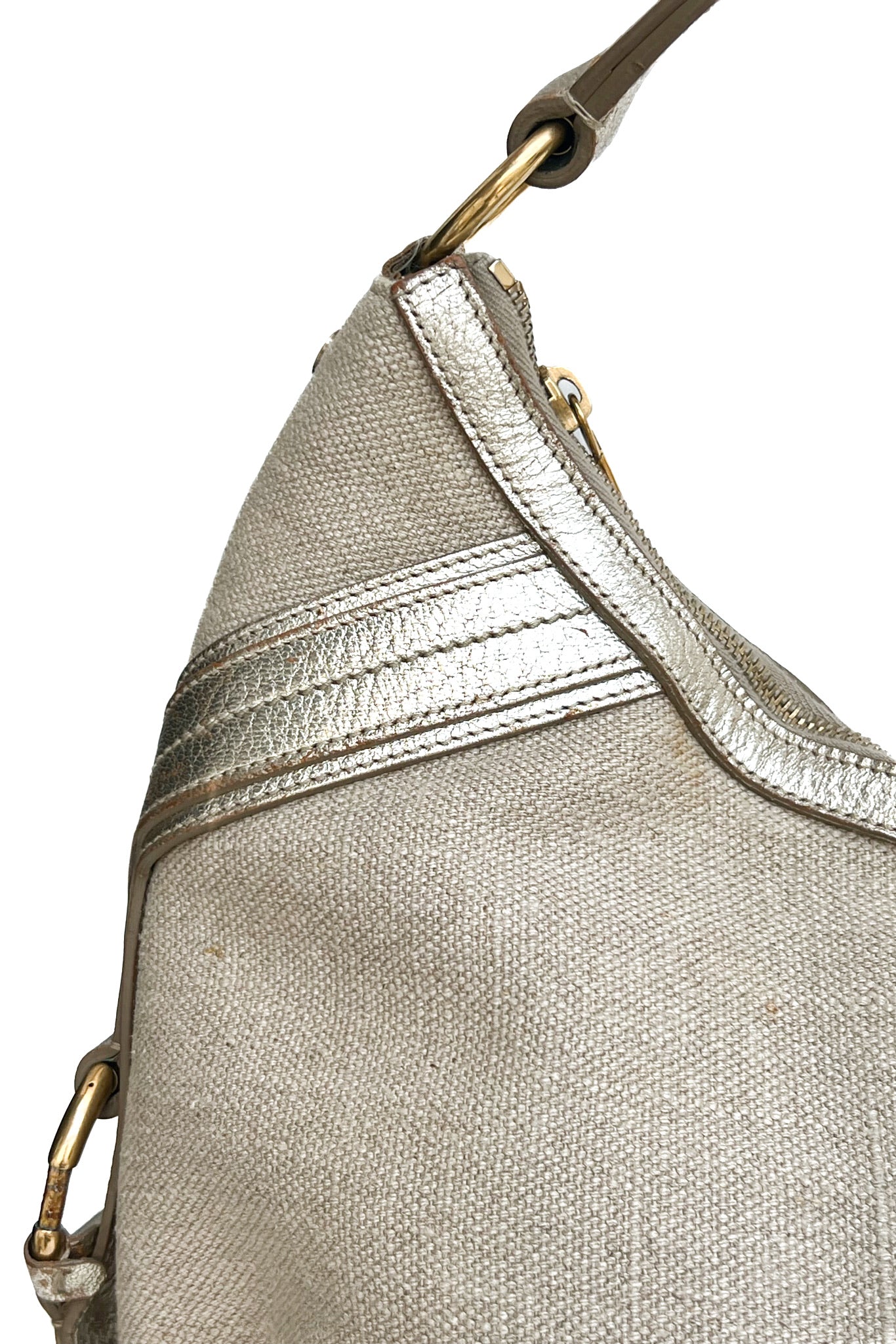 Vintage Cream Canvas & Golden Leather Hobo Shoulder Bag -