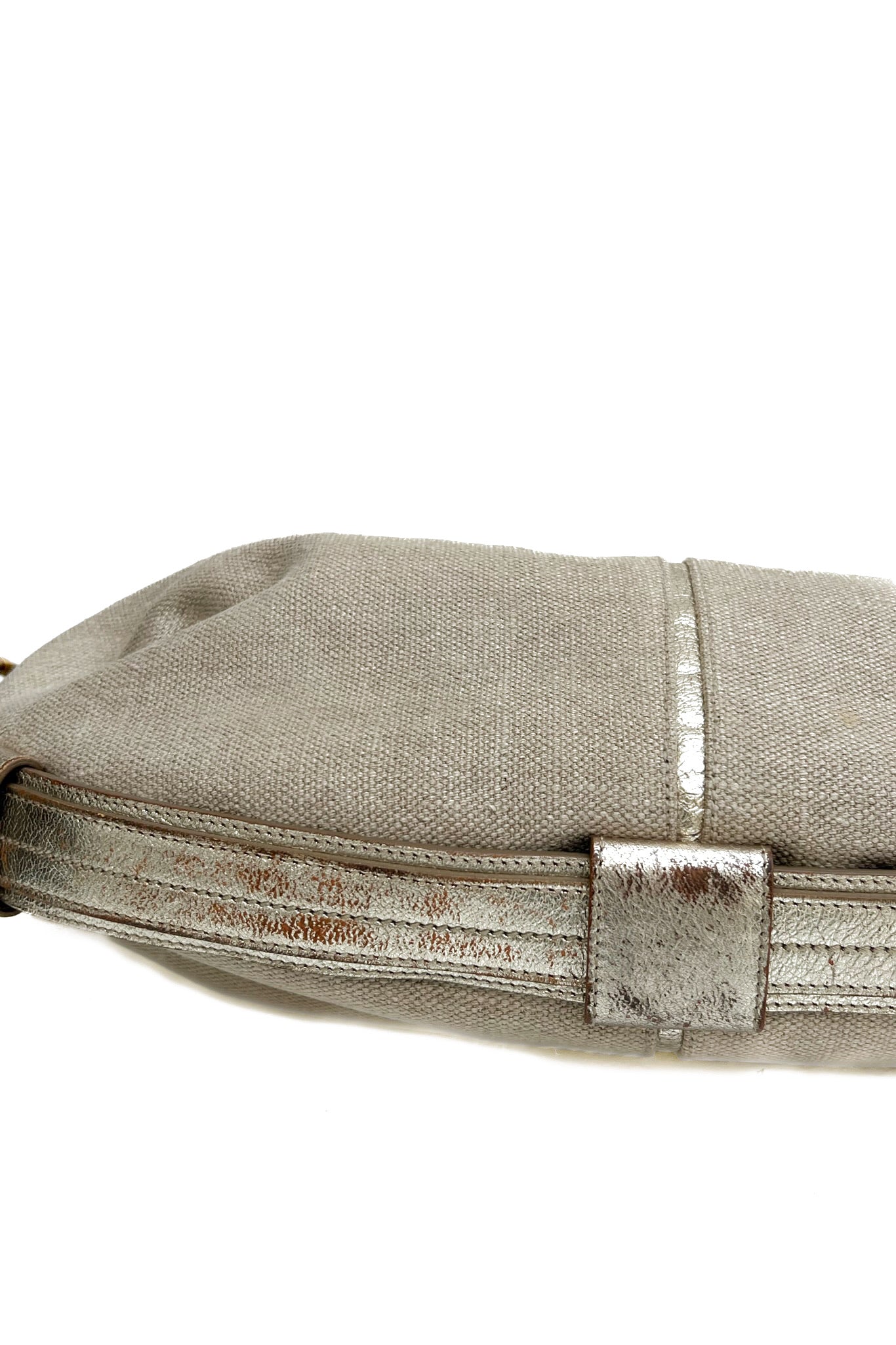 Vintage Cream Canvas & Golden Leather Hobo Shoulder Bag -