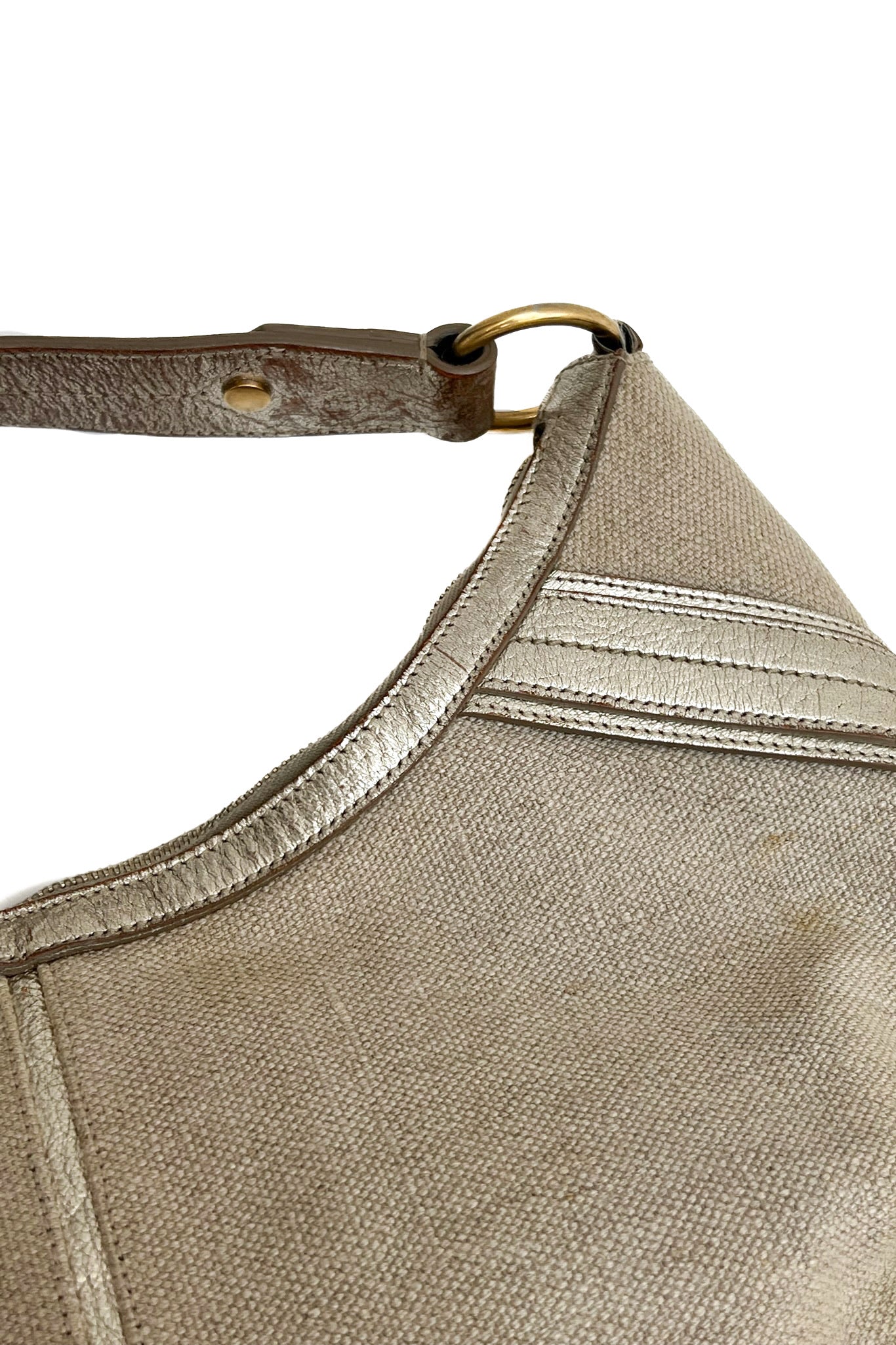 Vintage Cream Canvas & Golden Leather Hobo Shoulder Bag -