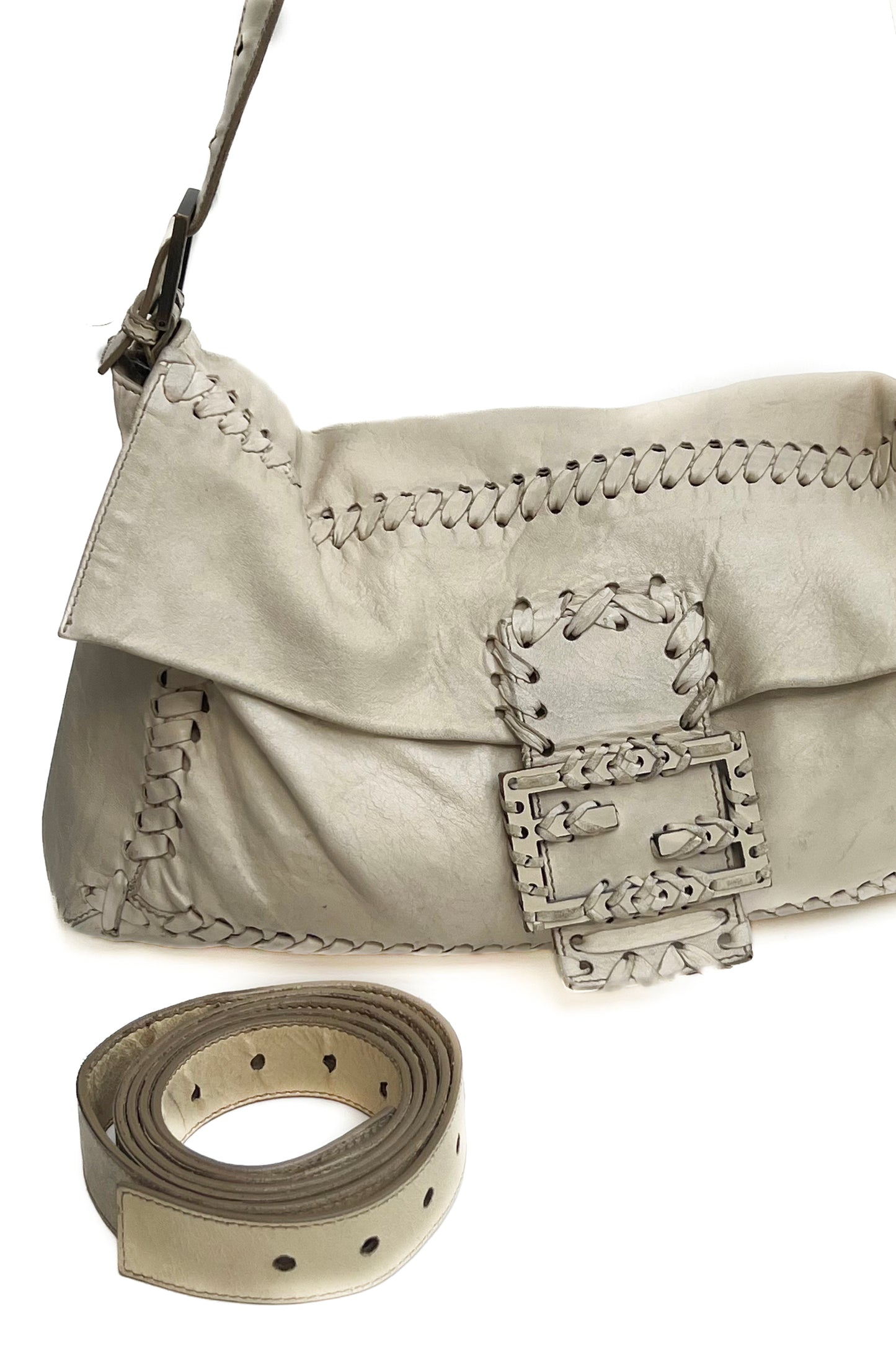 Vintage Cream Whip Stitch Leather Jumbo Baguette