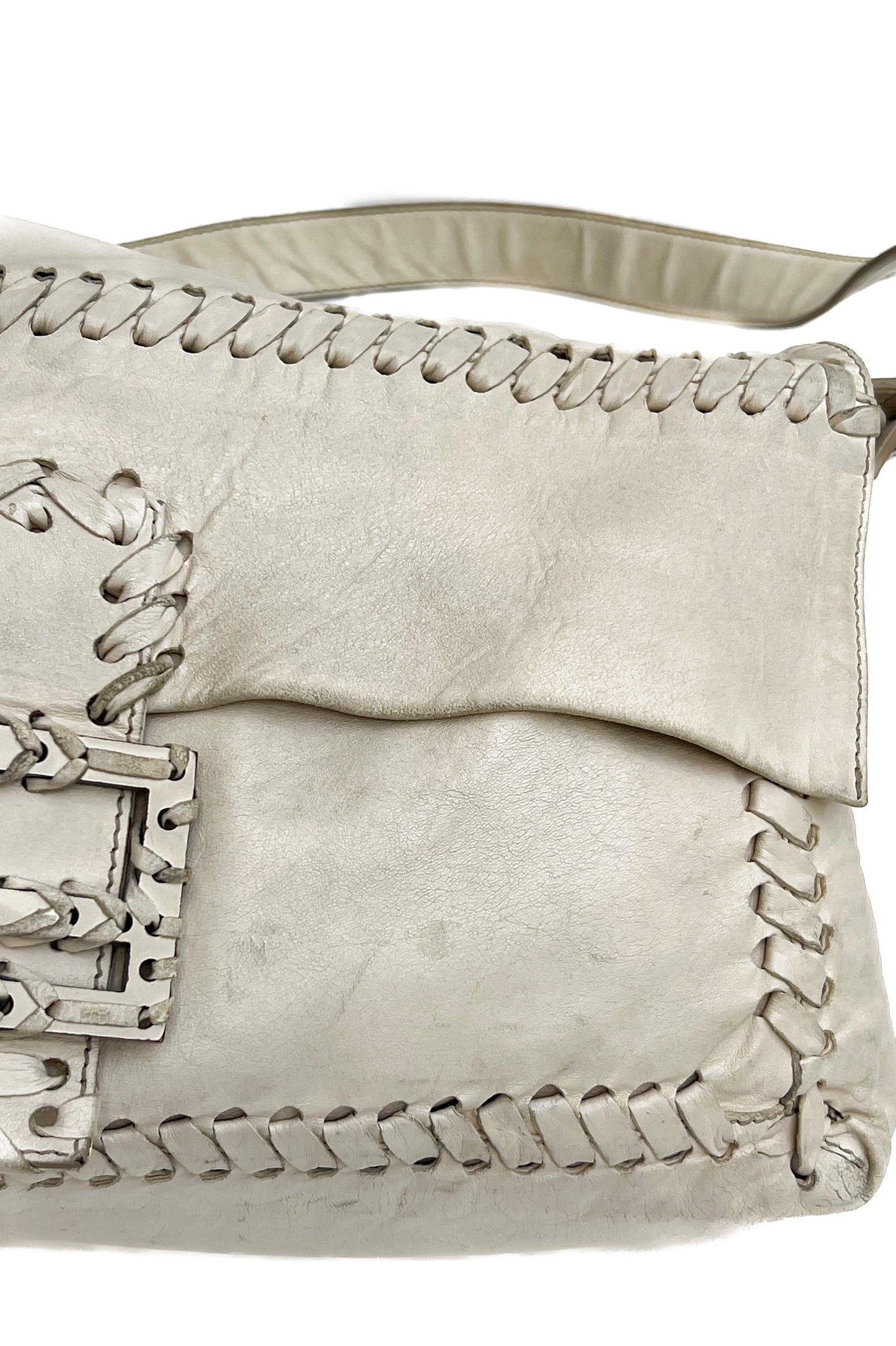 Vintage Cream Whip Stitch Leather Jumbo Baguette