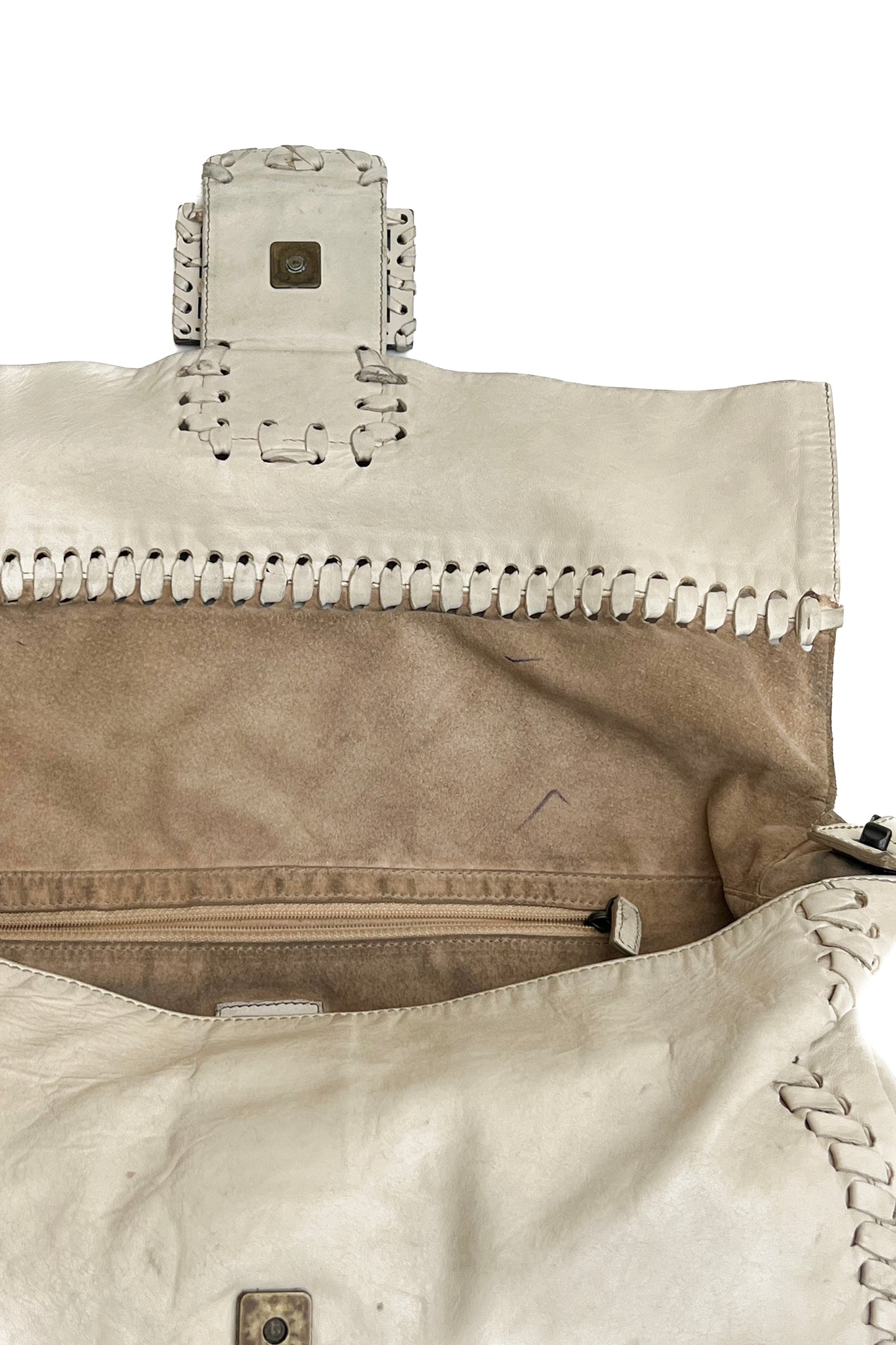 Vintage Cream Whip Stitch Leather Jumbo Baguette
