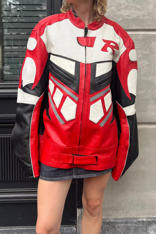 Vintage White, Black & Red R Motor Jacket -